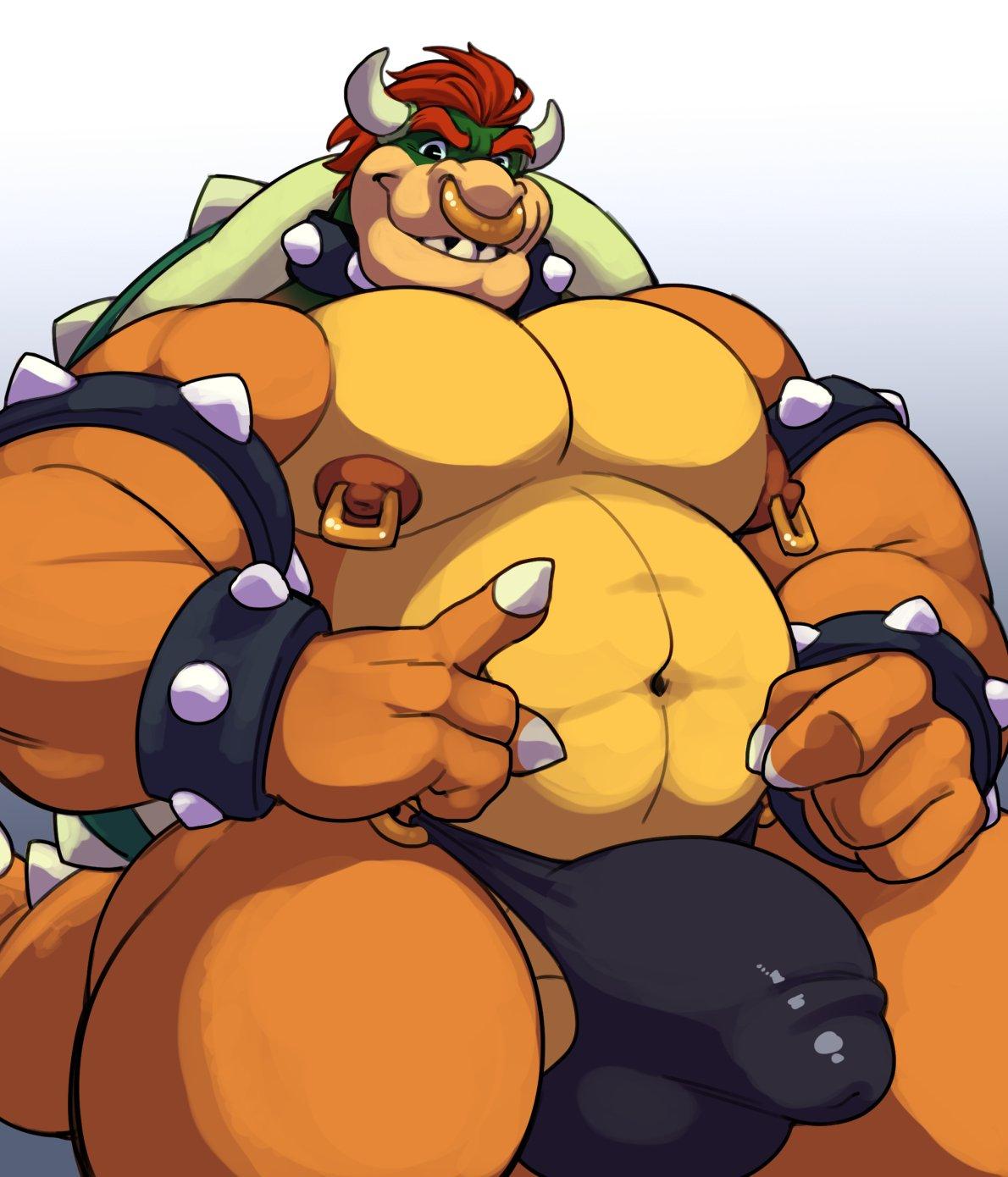 analon (artist), toomanyboners, bowser, koopa, mario bros, nintendo, 2018, hi res, anthro, balls, belly, bulge, choker, claws, clothing, facial piercing, hair, humanoid penis, looking at viewer, male, male only, muscular, muscular male, navel, nipple piercing, nipples, nose piercing, pecs, penis, penis outline, piercing, red hair, scalie, shell, smile, solo, spiked shell, spiked tail, spikes, video games, 