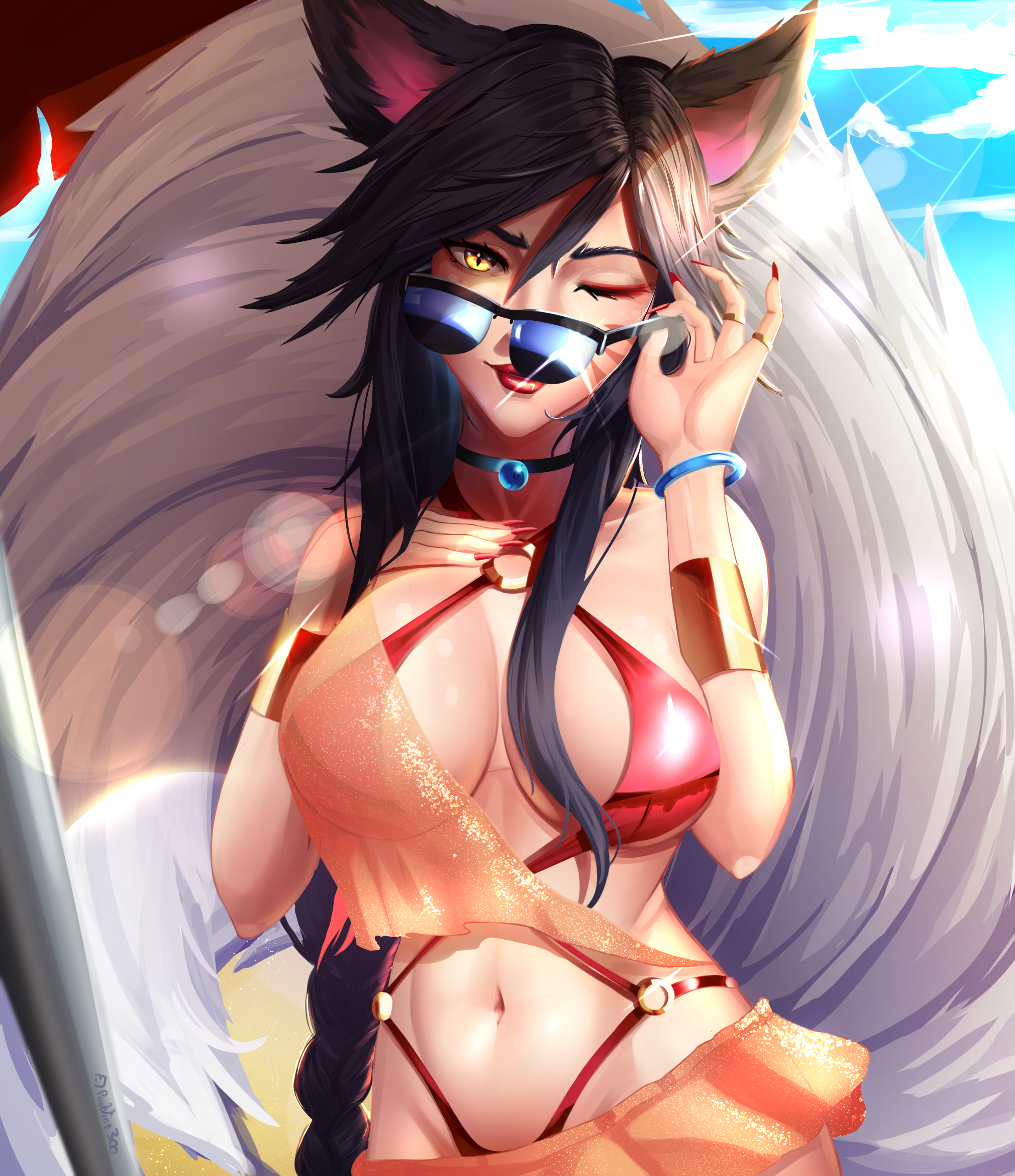 ahri, league of legends, riot games, 1girls, beach, breasts, dark hair, fluffy tail, fox girl, fox tail, glasses, glowing eyes, hips, kemonomimi, kitsune, pudding300, shades, solo female, swimsuit, yellow eyes, 