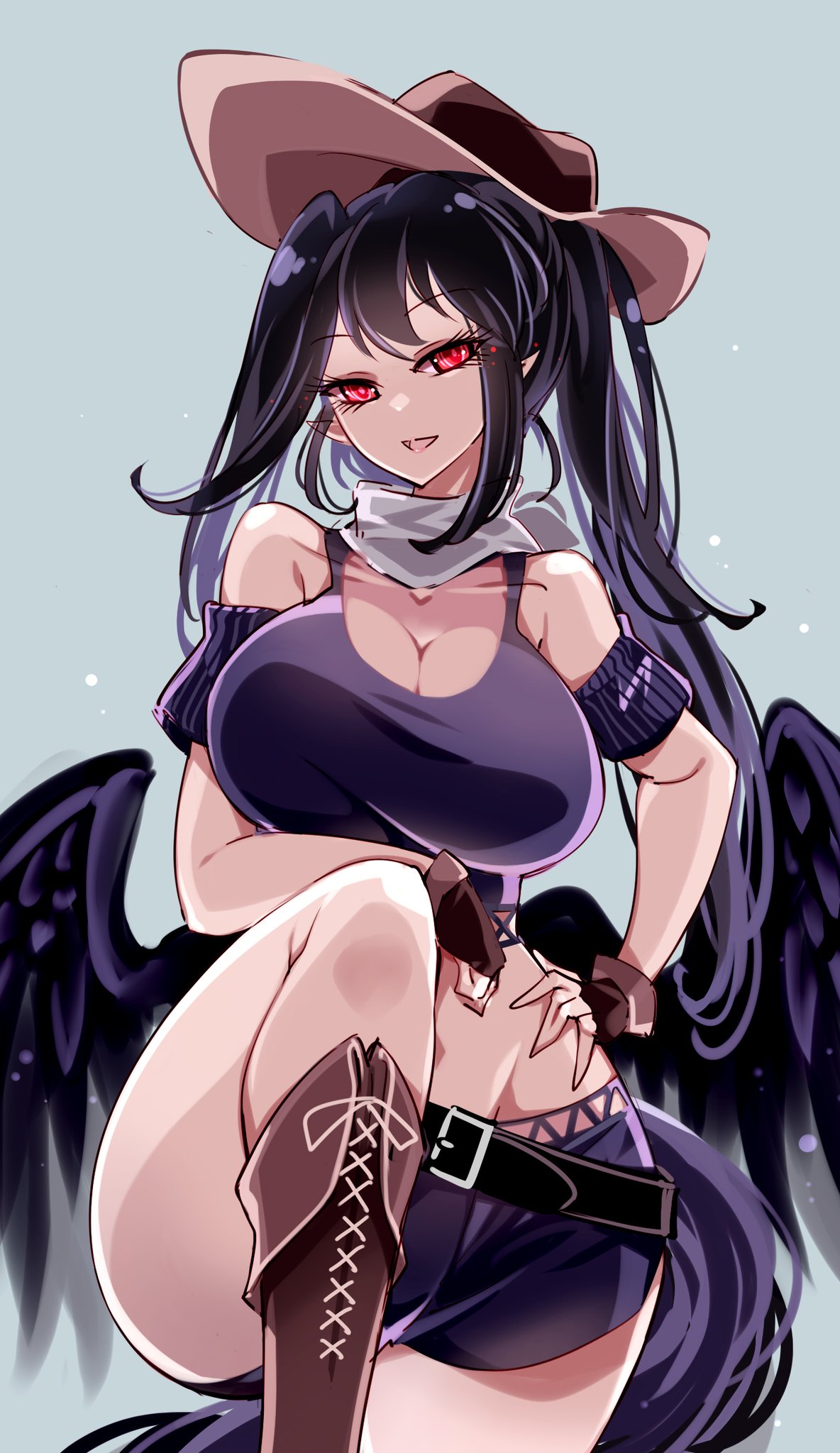 saki kurokoma, touhou, grey background, highres, simple background, :d, alternate costume, bandana, bare shoulders, belt, black hair, boots, breasts, cleavage, cowboy hat, eyelashes, female, groin, hand on own hip, hat, kurokoma saki, large breasts, leg up, looking at viewer, open mouth, pointy ears, ponytail, raptor7, red eyes, shorts, smile, solo, 