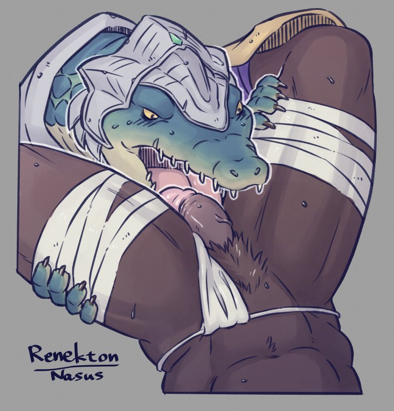 sunspotfish, renekton, league of legends, riot games, grey background, simple background, text, abs, anthro, anthro on anthro, anthro penetrated, anthro penetrating, anthro penetrating anthro, anubian jackal, armor, aroused, ascended, bandage, bandaged leg, between thighs, big tongue, black claws, blush, blush lines, bodily fluids, bottomwear, brother, brother penetrating brother, brothers, brown body, brown fur, canid, canine, canis, circumcised, claws, clothed, clothing, crocodile, crocodilian, crocodylid, crotch tuft, duo, erection, fellatio, fur, genitals, green body, green scales, green skin, half-closed eyes, hand on leg, hand on thigh, head between thighs, headgear, helmet, holding partner, imminent oral, imminent sex, incest (lore), jackal, legs around head, legs around partner, loincloth, looking at genitalia, looking at penis, lying, male, male/male, male penetrated, male penetrating, male penetrating male, mammal, muscular, muscular male, muscular thighs, narrowed eyes, nasus (lol), on back, open mouth, oral, oral penetration, penetration, penile, penis, pubes, reptile, scales, scalie, sex, sharp teeth, sibling, skimpy, sweat, sweaty face, teeth, thick thighs, tongue, tuft, vein, veiny penis, yellow sclera, 