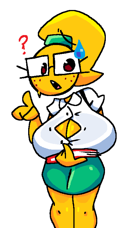 1girls ? big_breasts boob_window breasts button_gap cleavage emoji emoji_(race) female freckles glasses green_skirt high_ponytail holding_book holding_object huge_breasts jjoyplus nerd nerd_emoji nerdy_female one_finger_up open_mouth ponytail question_mark skirt solo solo_female standing sweat sweatdrop white_collared_shirt yellow_body yellow_skin