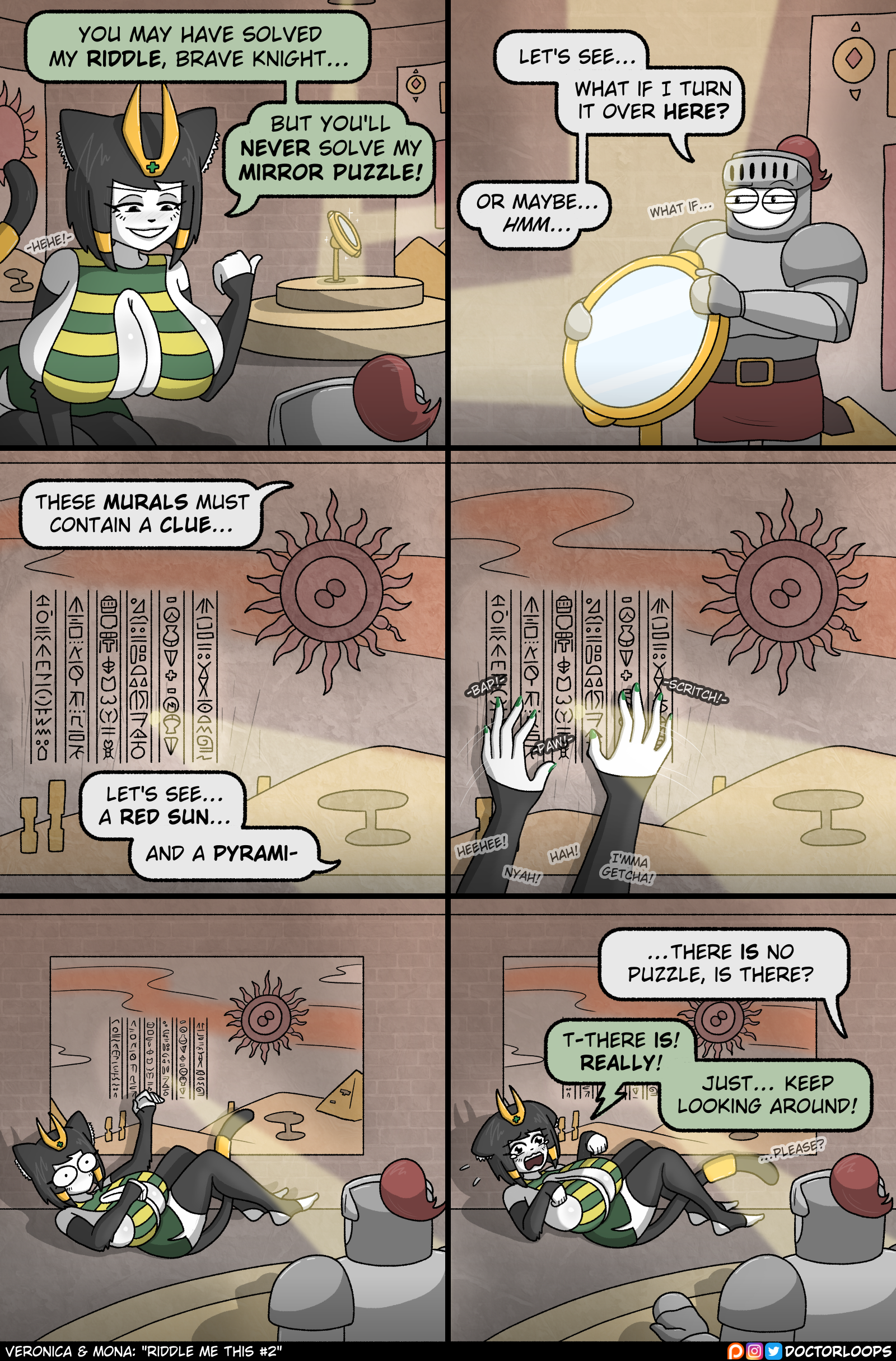 1boy 1girls african_mythology armor big_breasts breasts cat_ears cat_girl cat_tail catgirl cleavage cleavage_cutout comedy comic cute doctorloops egyptian egyptian_clothes egyptian_female egyptian_headdress english_text european_mythology female giantess greek_mythology hi_res hieroglyphics highres huge_breasts knight large_breasts light male middle_eastern_mythology monster_girl mythological_creature mythology public_domain sphinx thick_thighs thighs veronica_(doctorloops) veronica_and_mona