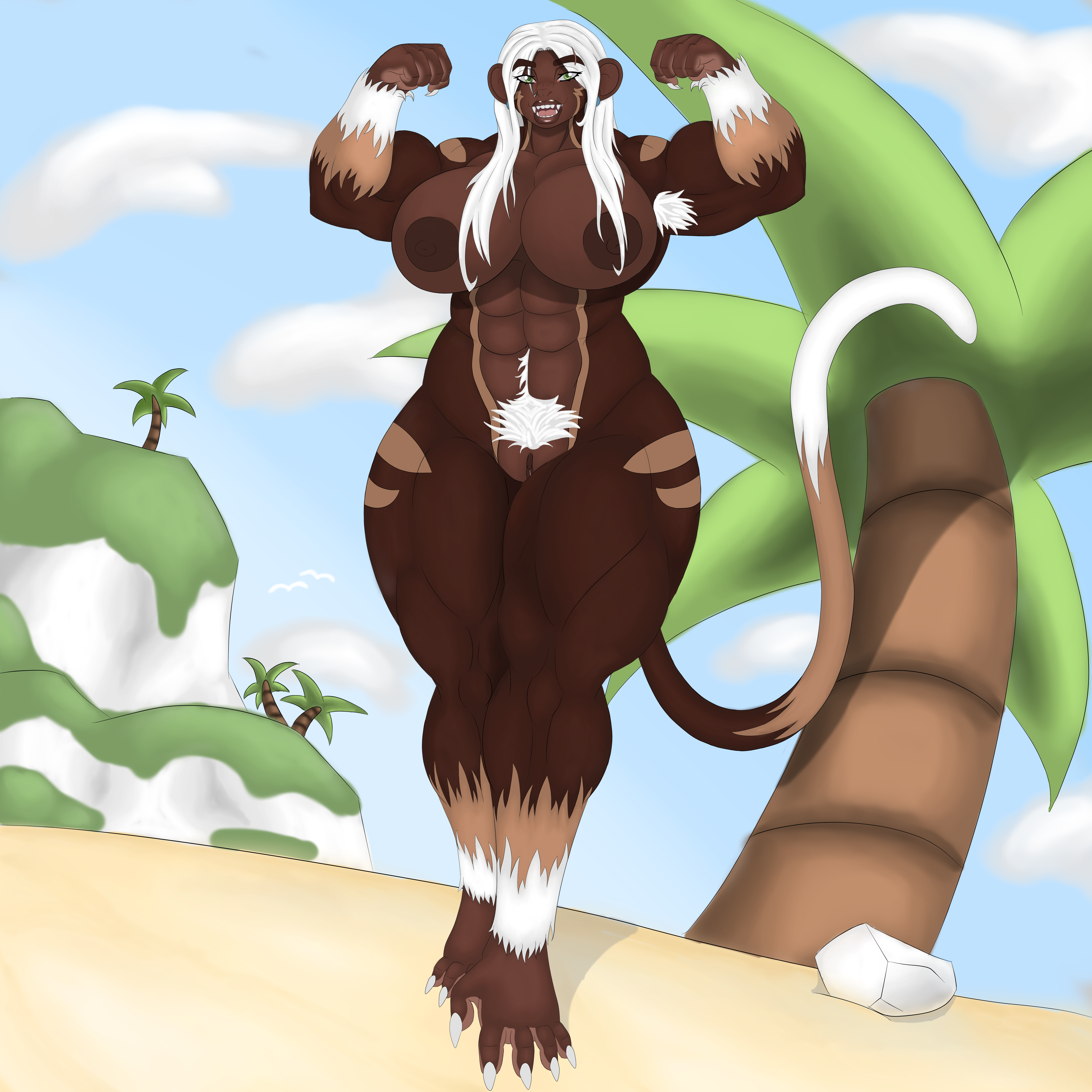 abs absurd_res anthro arm_scar armpit_hair beach biceps big_breasts big_muscles body_hair breasts brown_body brown_fur claws colored_nails dark_body dark_nipples dark_skin ear_piercing ear_ring facial_scar feet female flexing fur genitals green_eyes hair haplorhine happy_trail hi_res huge_breasts huge_muscles huge_thighs long_hair long_tail mammal monkey mountain multicolored_body multicolored_fur muscular muscular_arms muscular_female muscular_thighs nails nude outside palm_tree piercing plant prehensile_feet prehensile_tail primate pubes ring_piercing rock sand scar sharp_teeth sky solo tail tan_body tan_fur teeth thick_thighs toes tree two_tone_feet two_tone_hands vulva white_body white_fur white_hair white_nails ysira ysirieanart
