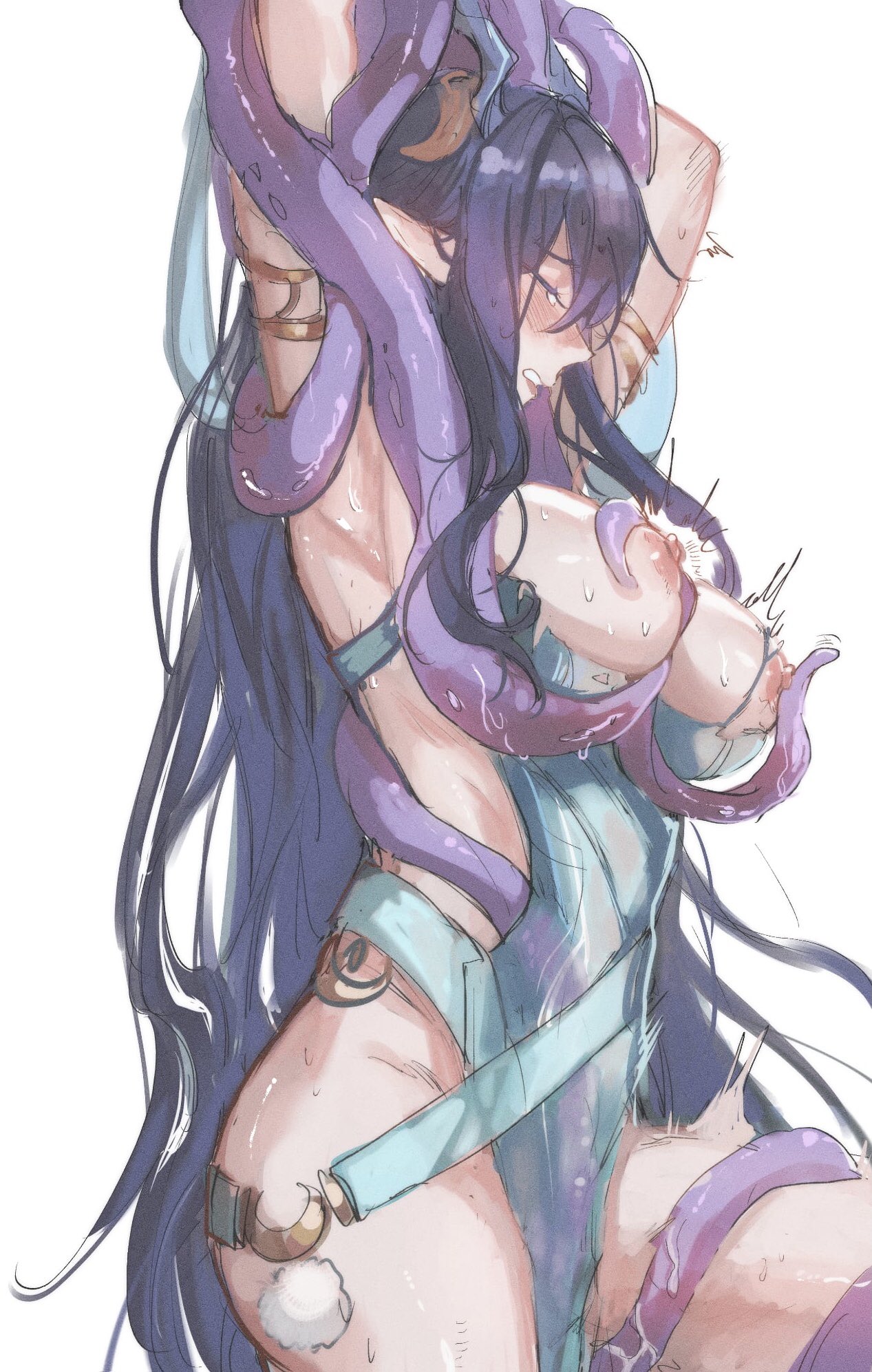 highres, simple background, white background, antler ornament, antlers, aqua dress, armlet, armpits, arms up, ass, blue dress, blush, breasts, clenched teeth, closed eyes, deer antlers, deer girl, dimshibe, dress, female, from side, genshin impact, gold jewelry, groin, highleg, highleg dress, horns, huge ass, jewelry, large breasts, lauma (genshin impact), leaf dress, long hair, nipple stimulation, nipples, pointy ears, restrained, solo, sweat, tears, teeth, tentacle, tentacles under clothes, thighs, torn clothes, torn dress, twitching, very long hair, 