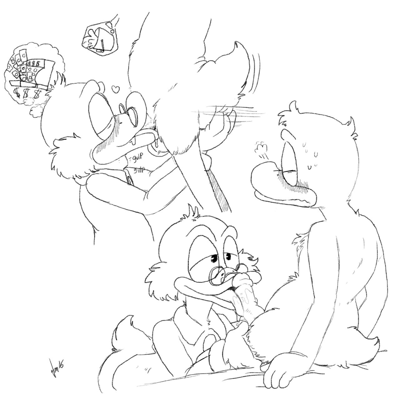 unknown artist, donald duck, scrooge mcduck, disney, 1:1, hi res, text, anatid, anseriform, anthro, ass, avian, bird, blush, bodily fluids, bucket, butt grab, cash register, closed eyes, clothing, cum, cum in mouth, cum inside, duck, eyewear, fluffy, fluffy tail, genital fluids, glasses, half-closed eyes, hand on butt, licking, male, male/male, money, oral, penile, penis, penis lick, sex, tongue, tongue out, 