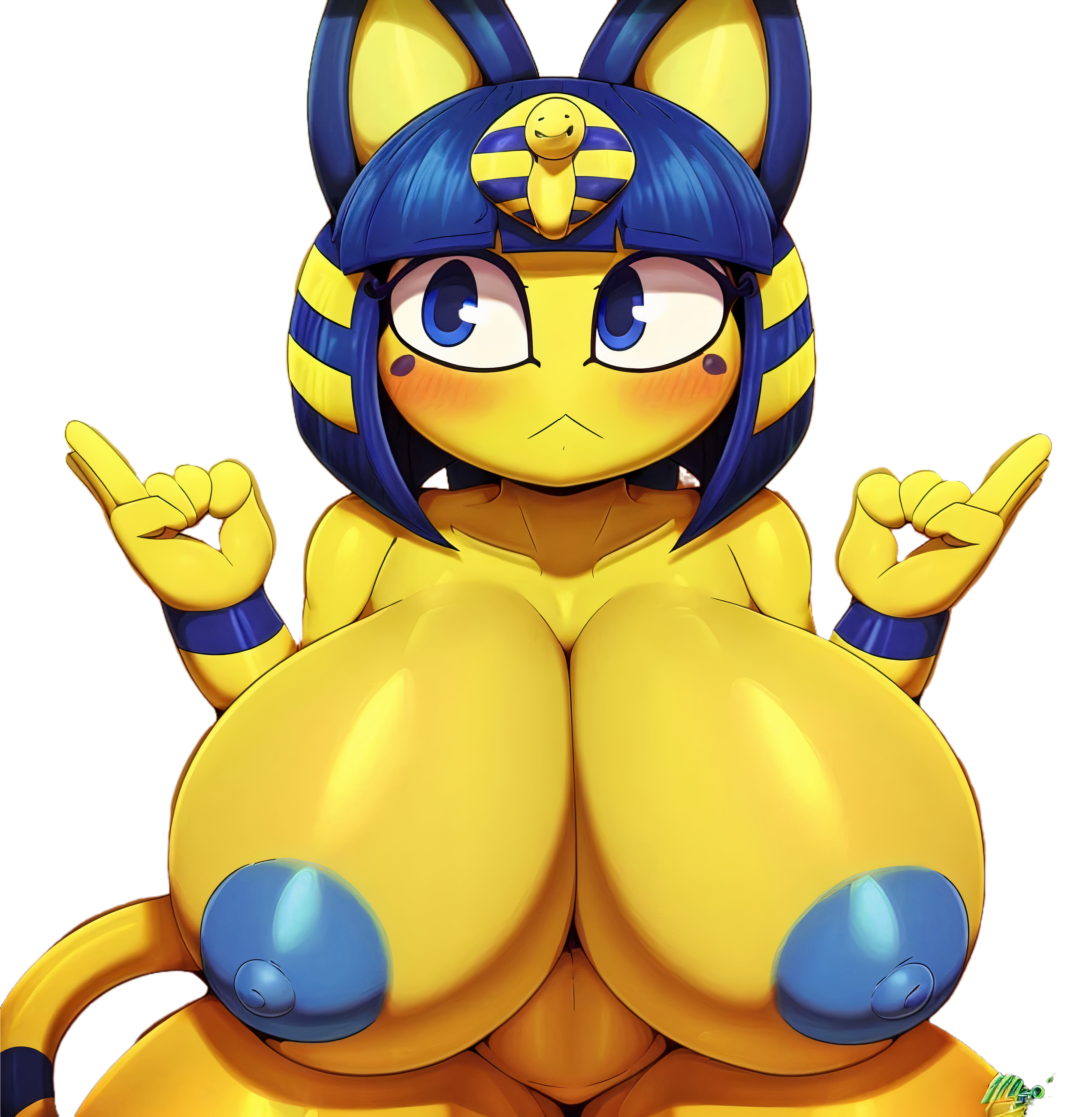 miso souperstar, ankha, animal crossing, nintendo, hi res, watermark, 1girls, 2023, 2023s, ai generated, animal ears, ankha (animal crossing), anthro, areolae, bangs, big breasts, blue areola, blue areolae, blue eyes, blue fur, blue handwear, blue nipples, blue tail, blush, breasts, busty, busty female, cat ears, cat tail, domestic cat, egyptian, egyptian female, erect nipples, felid, feline, felis, female, female only, fur, furry, huge breasts, nipples, no background, solo, solo female, striped tail, stripes, tail, thick thighs, two tone fur, yellow body, yellow fur, yellow tail, 