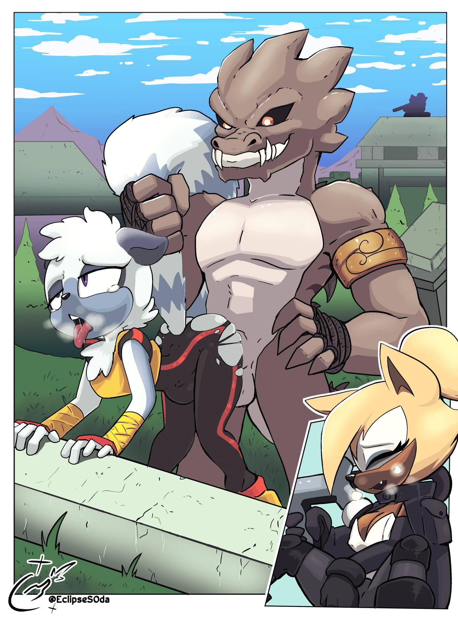 tangle the lemur, whisper the wolf, idw publishing, sega, sonic the hedgehog (comics), sonic the hedgehog (idw), sonic the hedgehog (series), hi res, anthro, ass, balls, breasts, canid, canine, canis, cleavage, clothed, clothing, doggy style, eclipses0da, female, from behind position, genitals, group, lemur, male, male/female, mammal, masturbation, primate, sex, strepsirrhine, trio, wolf, 