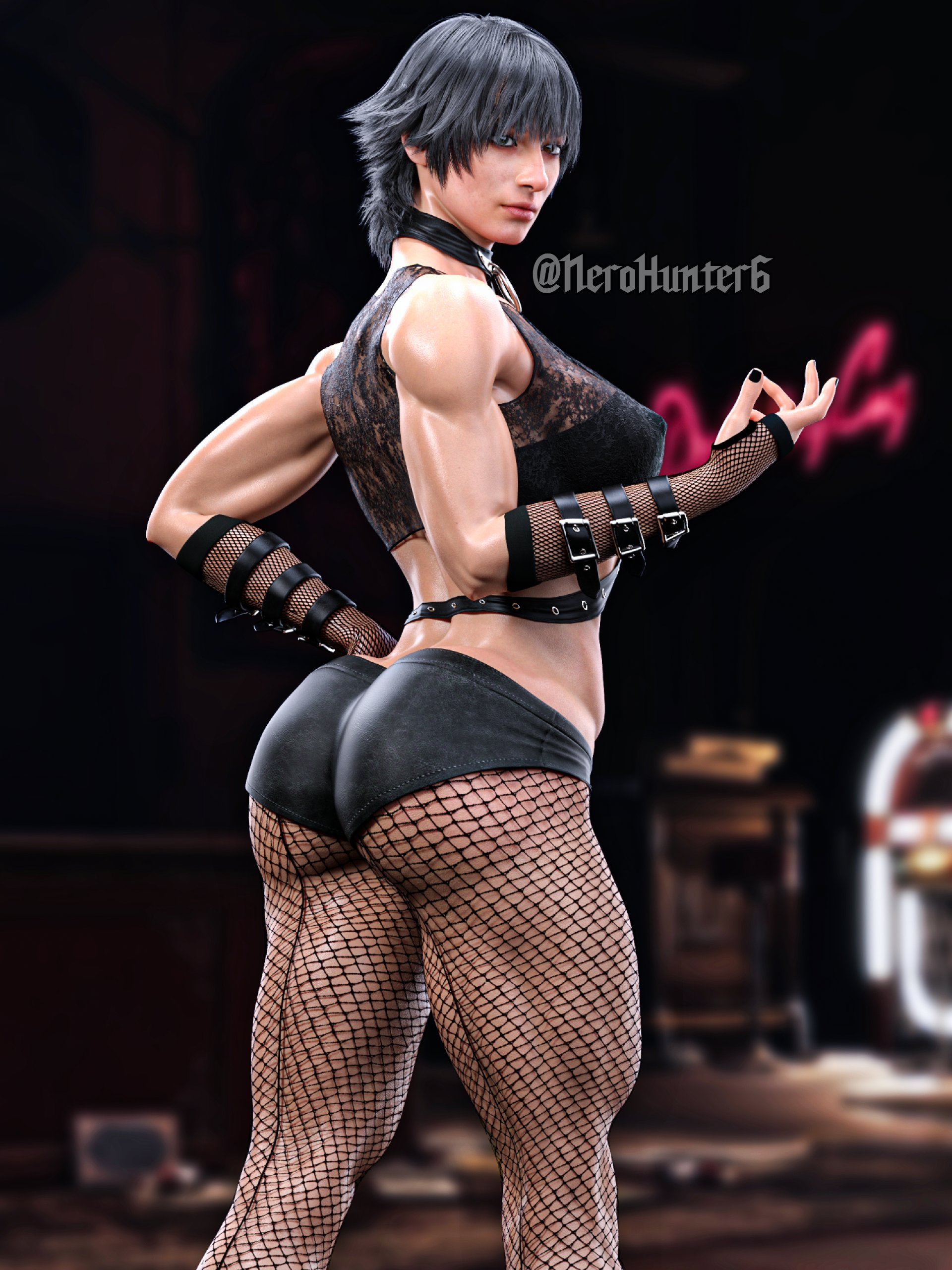 lady (devil may cry), capcom, devil may cry, devil may cry 5, 3d, absurdres, highres, realistic, 1girls, ass, black hair, bra, breasts, female, female only, fishnet legwear, fishnet stockings, fishnets, heterochromia, lingerie, medium breasts, nerohunter6, panties, solo, 