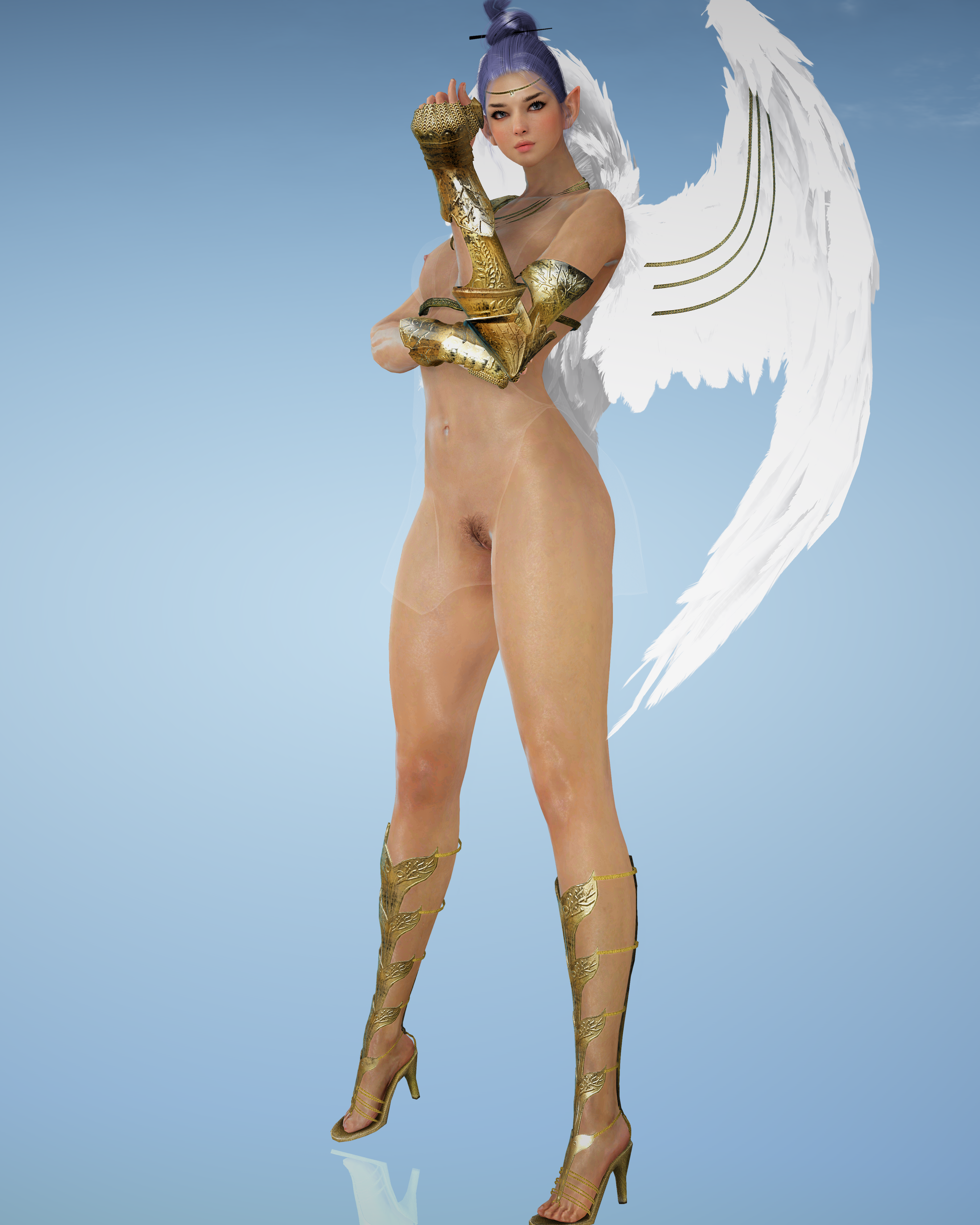 kara, dark knight, original character, black desert online, 3d, extremely large filesize, high resolution, large filesize, pose, very high resolution, abs, angel, angel wings, areolae, armor, ass, ass visible through thighs, athletic, breasts, curvy, elf, female, fit, high heels, hips, legs, long legs, model, muscle, naked footwear, nude, pointed ears, pubic hair, purple hair, robe, see-through, side slit, side view, small breasts, staring, sword, teenage, thighs, tied hair, tight, vagina, weapon, wings, young, 