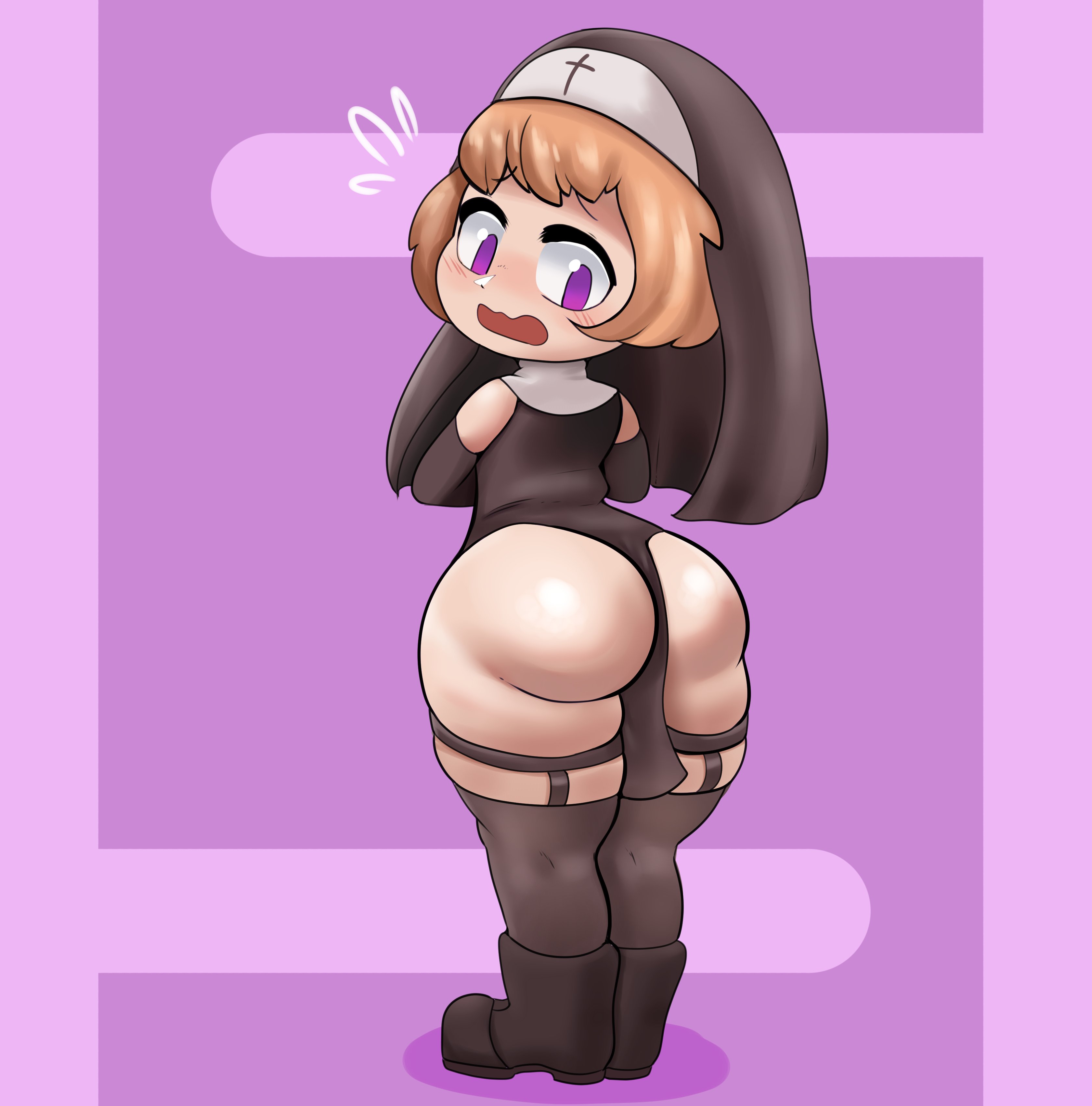 dizzytizzy, original, absurd res, 1boy, 2021, accessory, ass, boots, bottom heavy, clothed, clothing, femboy, feminine male, hair, kneehighs, looking back, male, nun, purple eyes, short hair, solo, thick ass, thick thighs, thigh squish, thighs, wide hips, 
