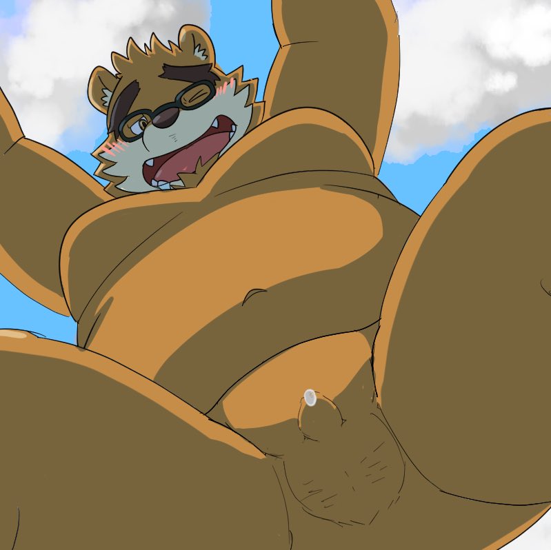 volos, tokyo afterschool summoners, 2021, anthro, balls, belly, blush, brown body, cloud, cute fangs, eyewear, genitals, glasses, kemono, lifewonders, male, mammal, micropenis, moobs, navel, outside, overweight, overweight male, panthera7uncia, penis, small penis, solo, ursid, video games, 