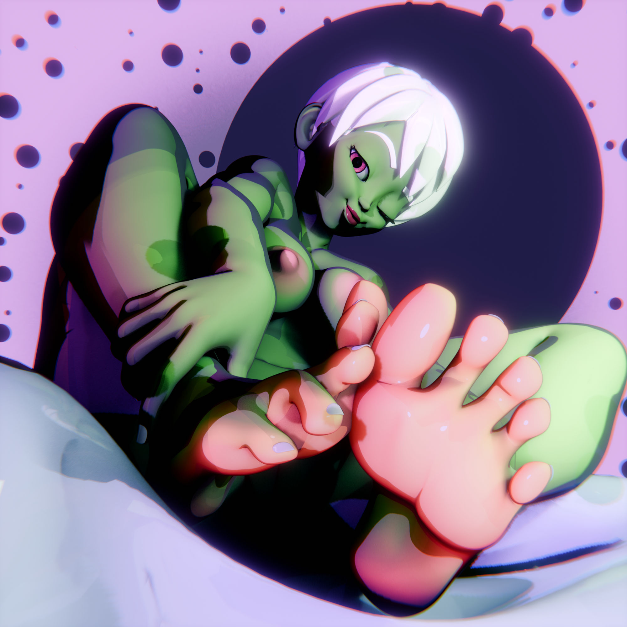 3d alien alien_girl breasts cheelai dragon_ball dragon_ball_super feet female foot_fetish foot_focus green_body green_skin lipstick lordofpeaches nipples painted_nails pink_eyes soles spread_toes toes white_hair wink