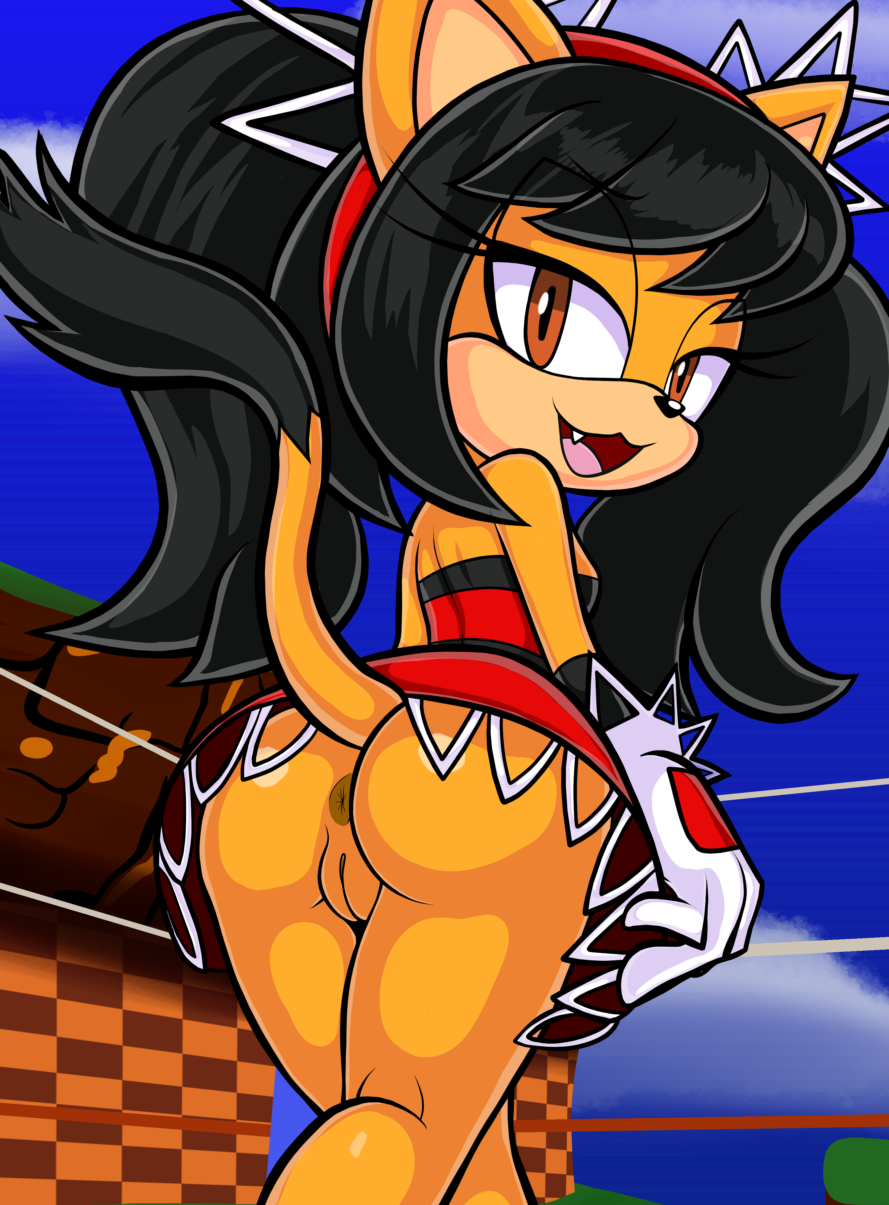 1girls 2020s 2024 absurd_res accessory anthro anus ass black_hair blackmore brown_eyes cat_ears cat_girl cat_tail catgirl clothing cloud dress fang felid feline felis female female_focus female_only fighting_ring fur furry furry_female genitals gloves hair hair_accessory hairband handwear hi_res honey_the_cat looking_back mammal no_panties orange_eyes outside pussy raised_tail red_hairband sega solo sonic_(series) sonic_the_fighters tail tongue twintails wrestling_ring yellow_body yellow_fur