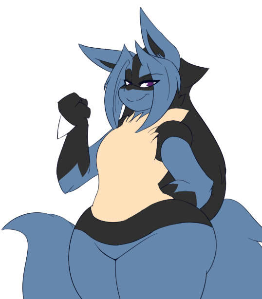 lucario, breasts, female, flat chest, furry, grin, hourglass figure, may the lucario(dewwydartz), pokemon, smug, thick thighs, wide hips, 