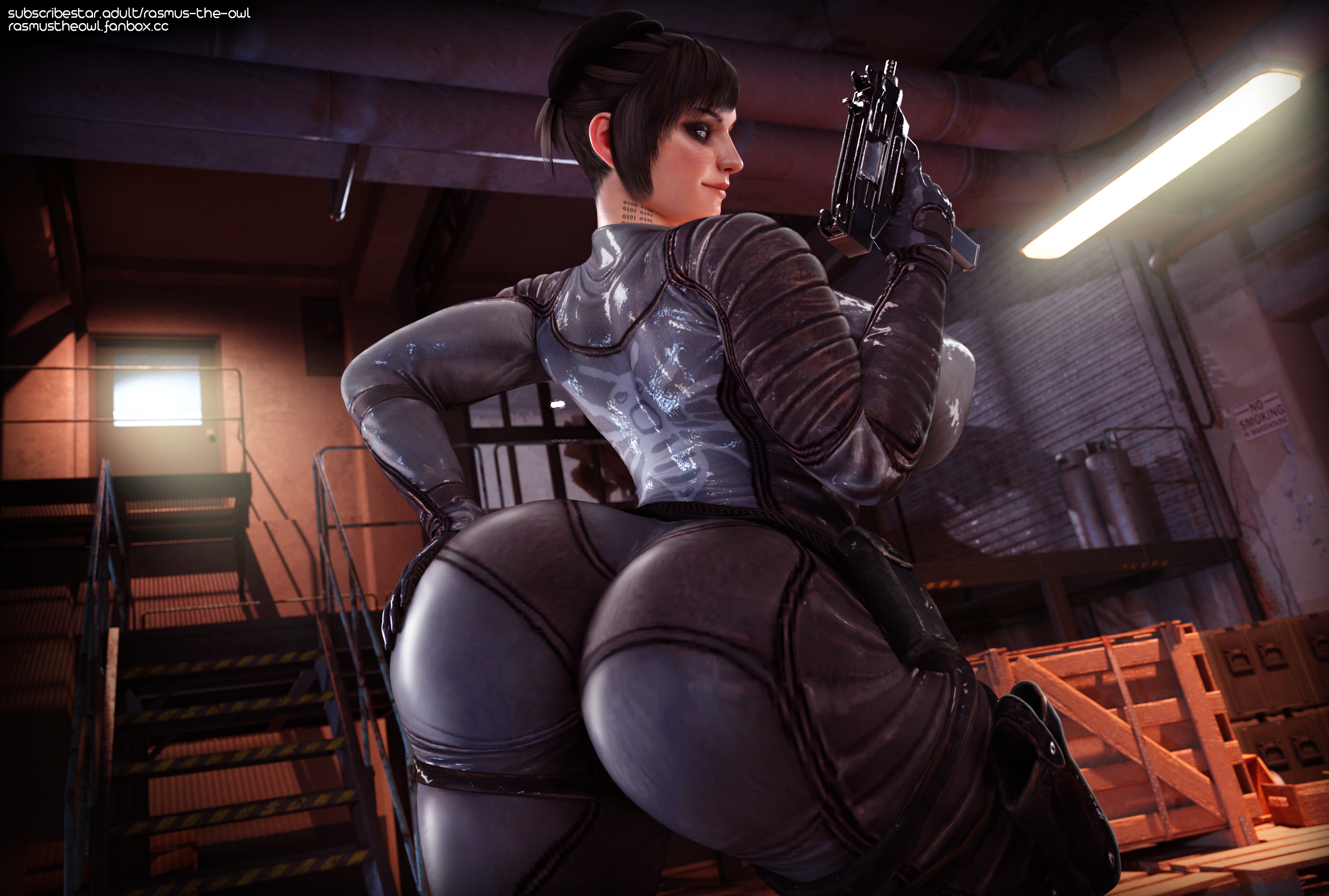 1girls 3d anya_corazon arana ass big_ass big_breasts black_hair blue_eyes breasts female female_only goth grin huge_ass huge_breasts marvel marvel_comics micro_uzi muscular muscular_female muscular_thighs rasmus-the-owl solo spider-girl tattoo thick_thighs uzi wanted wanted:_weapons_of_fate warehouse wide_hips