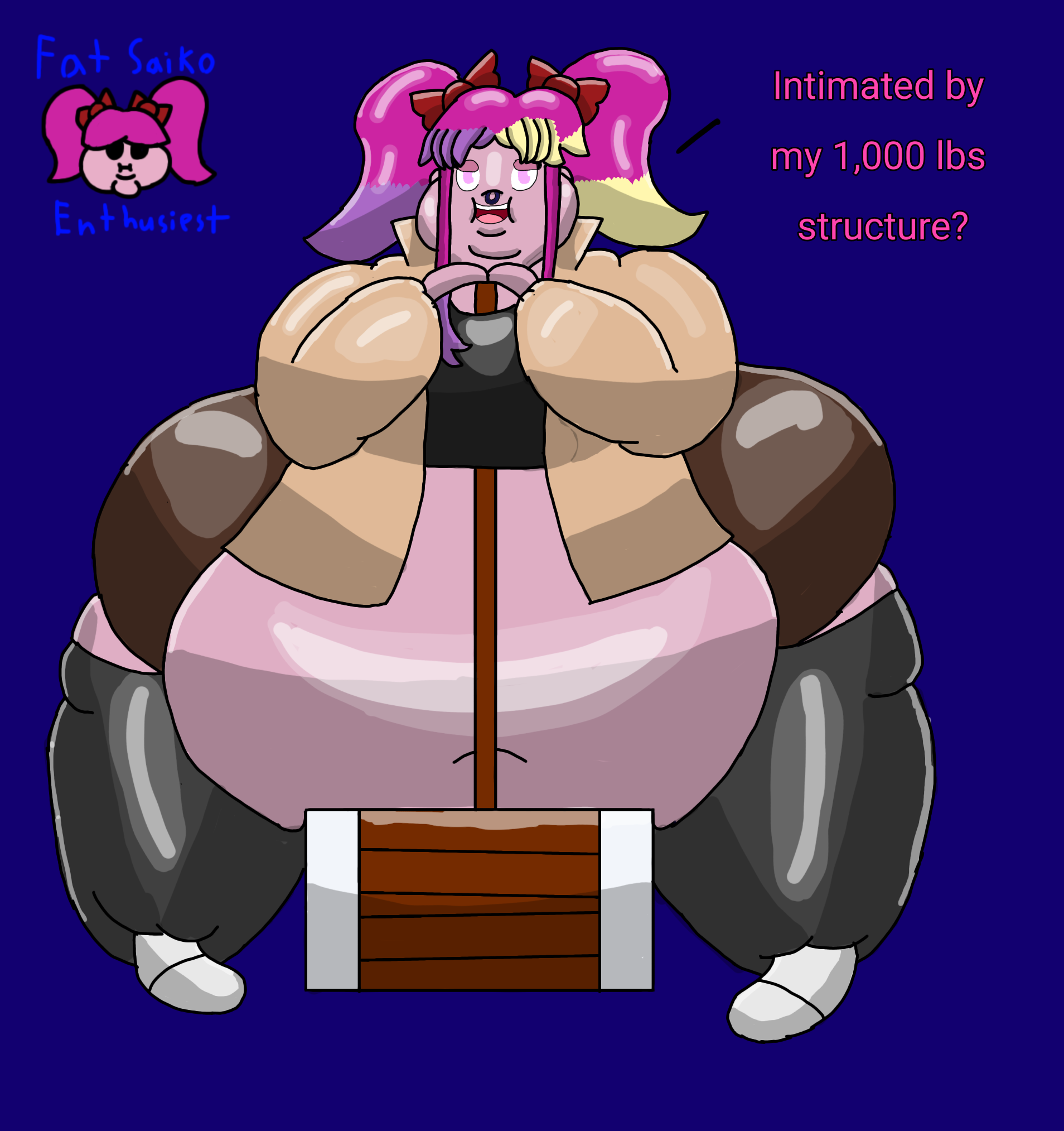 saiko bichitaru (smg4), smg4, belly, breasts, fat, fat woman, female, female focus, female only, glitch productions, mallet, obese, obese female, overweight, overweight female, pink hair, ussbbw, 