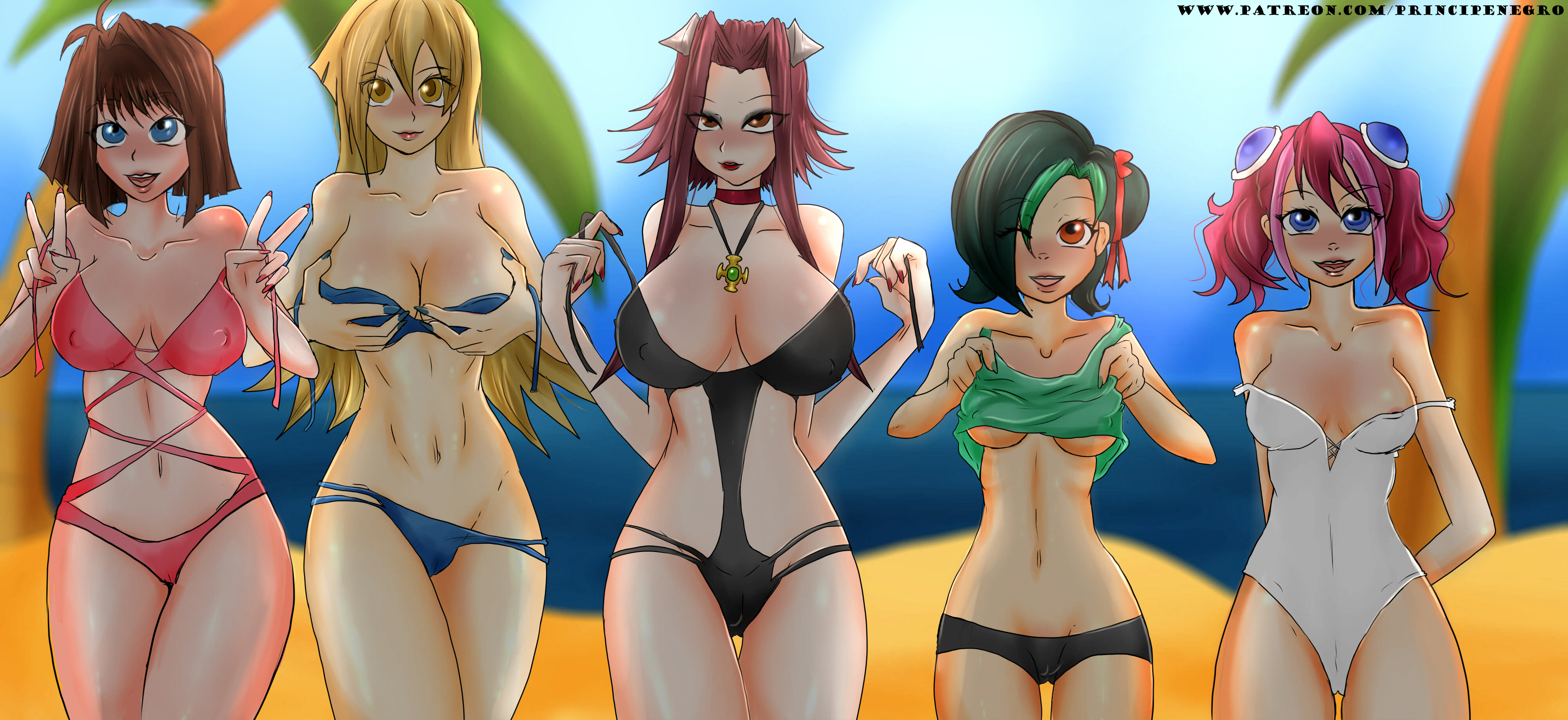 principenegro, akiza izinski, alexis rhodes, hiiragi yuzu, kotori mizuki, mizuki kotori, tea gardner, tori meadows, yuzu hiiragi, zuzu boyle, yu-gi-oh!, yu-gi-oh! arc-v, yu-gi-oh! duel monsters, yu-gi-oh! gx, yu-gi-oh! zexal, 5girls, beach, yu-gi-oh! 5d's, 