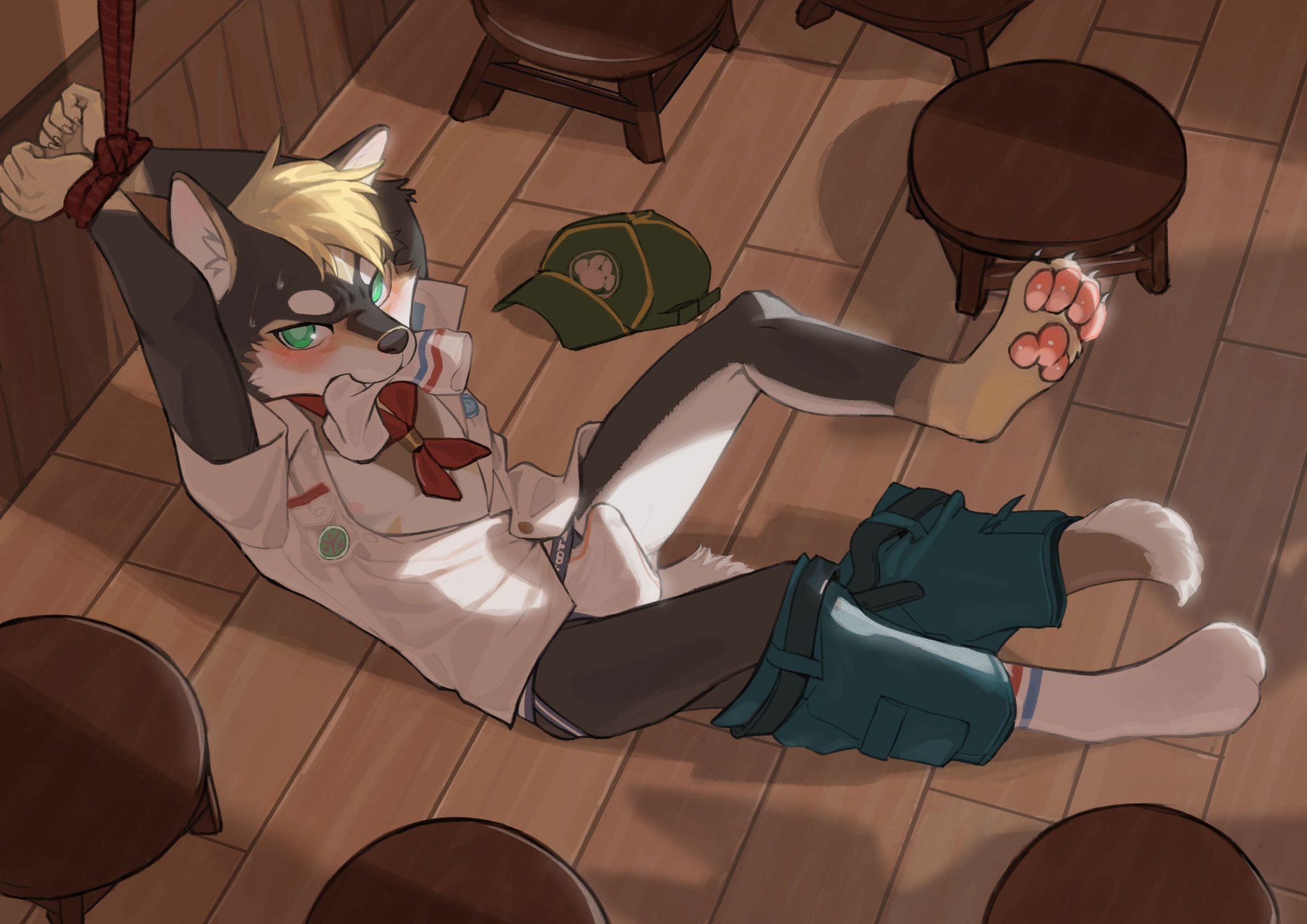 hi res, 2023, 4 toes, anthro, blush, brown body, brown fur, bulge, canid, canine, canis, clothed, clothing, domestic dog, erection, erection under clothing, feet, footwear, fur, genital outline, green eyes, kemono, kerchief, kun blackcat, looking at viewer, male, mammal, neckerchief, pawpads, pink pawpads, red kerchief, red neckerchief, rope, shiba inu, socks, solo, spitz, toes, underwear, white body, white fur, 