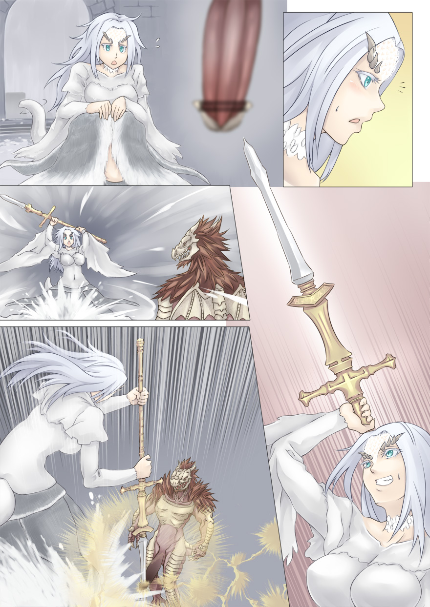 kinkyfolk, crossbreed priscilla, dark souls, comic, hi res, translation request, 1boy, 1girls, anthro, dragon, dragon form, dragonoid (dark souls), erection, female, human, male, mammal, melee weapon, nude, penis, polearm, scalie, spear, video games, weapon, 