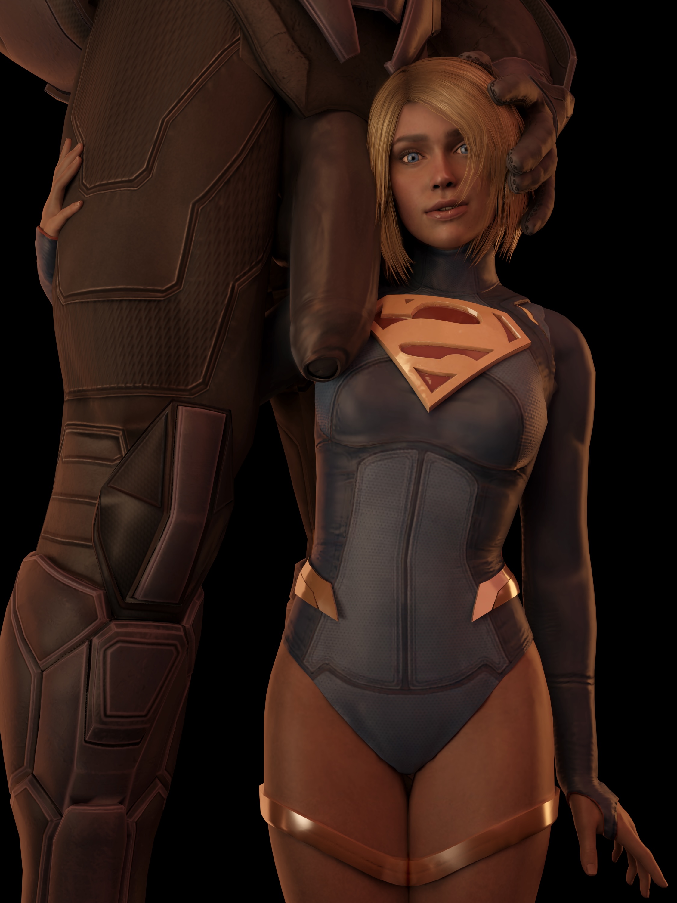 emberstock, darkseid, supergirl, injustice 2, blonde hair, blue eyes, dark-skinned male, hand on head, large penis, on knees, size difference, 