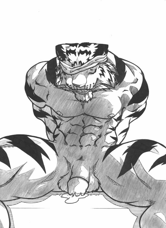 grisser, monochrome, anthro, balls, blindfold, bodily fluids, bondage, bound, felid, gag, genital fluids, genitals, male, mammal, muscular, nipples, pantherine, peeping, penis, precum, solo, spread legs, spreading, tiger, 