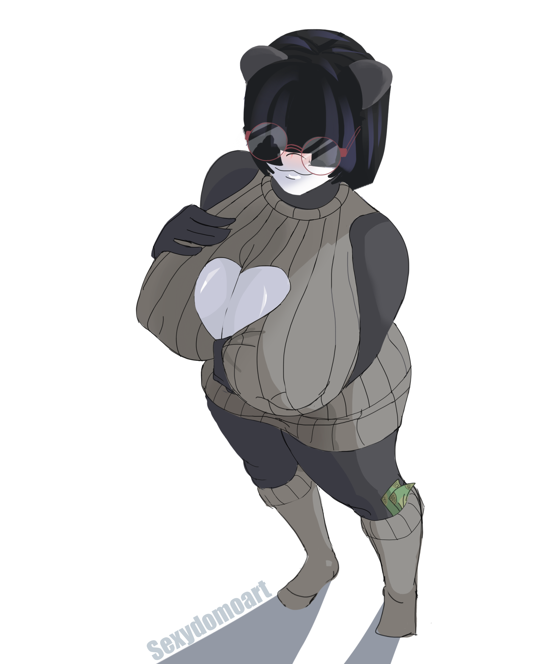 1girls bangs black_hair blush boob_window breasts breasts_bigger_than_head cleavage currency eyes_covered female glasses grabbing hand_on_breast heart_cutout high-angle_view huge_breasts looking_at_viewer mimi_(sexydomoart) money money_in_thighhigh money_under_clothes nipple_outline panda panda_ears panda_girl prostitution round_glasses sex sexydomoart short_hair smile smiling socks standing suggestive sweater thighhighs