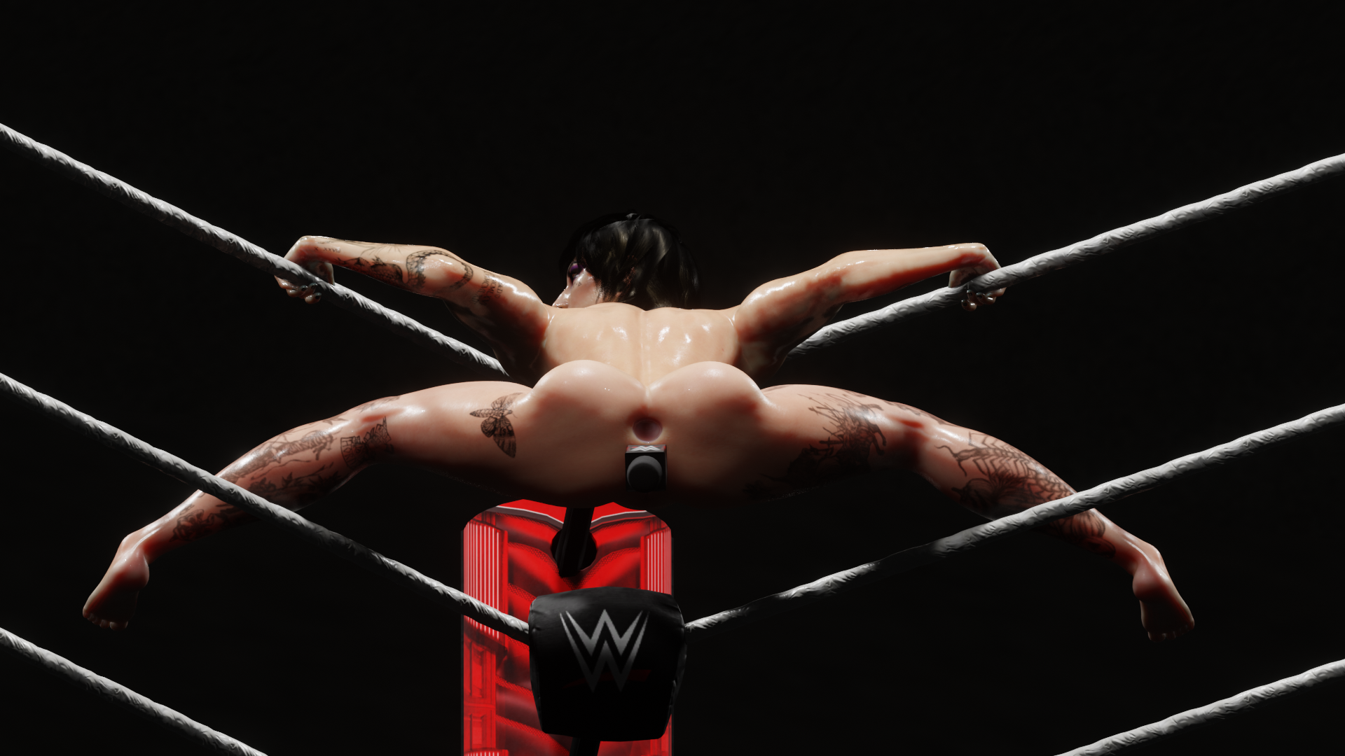 3d anus ass black_hair completely_nude dropsy48 female gaping gaping_anus microphone microphone_in_pussy nude nude_female pussy real_person rhea_ripley spread_legs sweat sweating tattoo tattoos wrestling_ring wwe