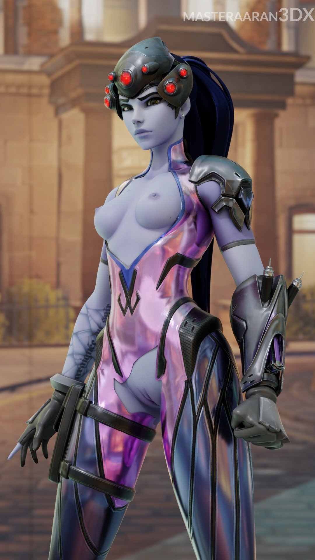 masteraaransfm, widowmaker, blizzard entertainment, overwatch, 3d, 1girls, blue hair, breasts, female, female only, looking at viewer, partially clothed, pussy, solo, 