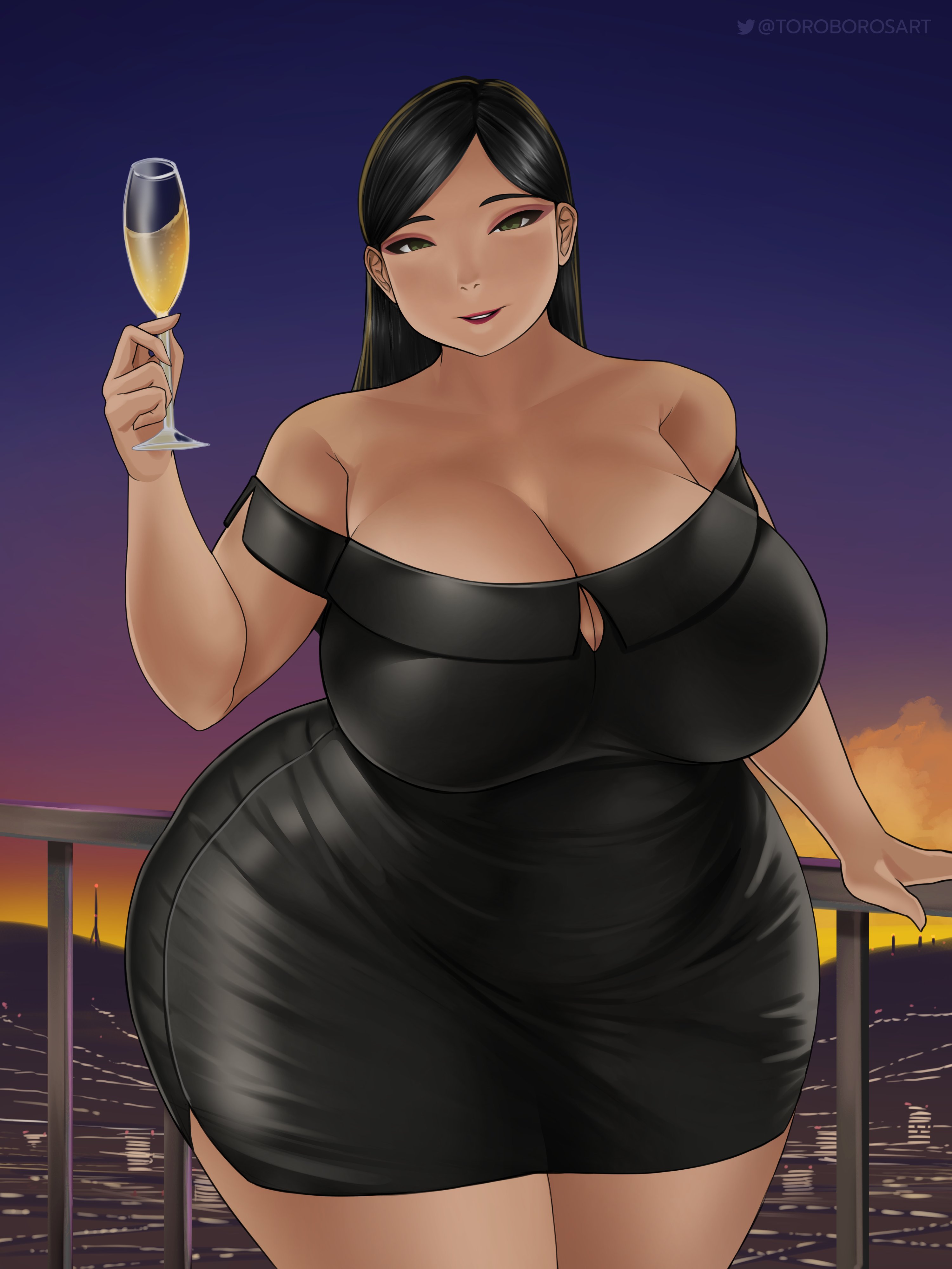 toroboro, text, watermark, 1girls, breasts, chubby, cleavage, eye contact, female, female only, half-closed eyes, huge breasts, looking at viewer, solo, thick thighs, wide hips, 