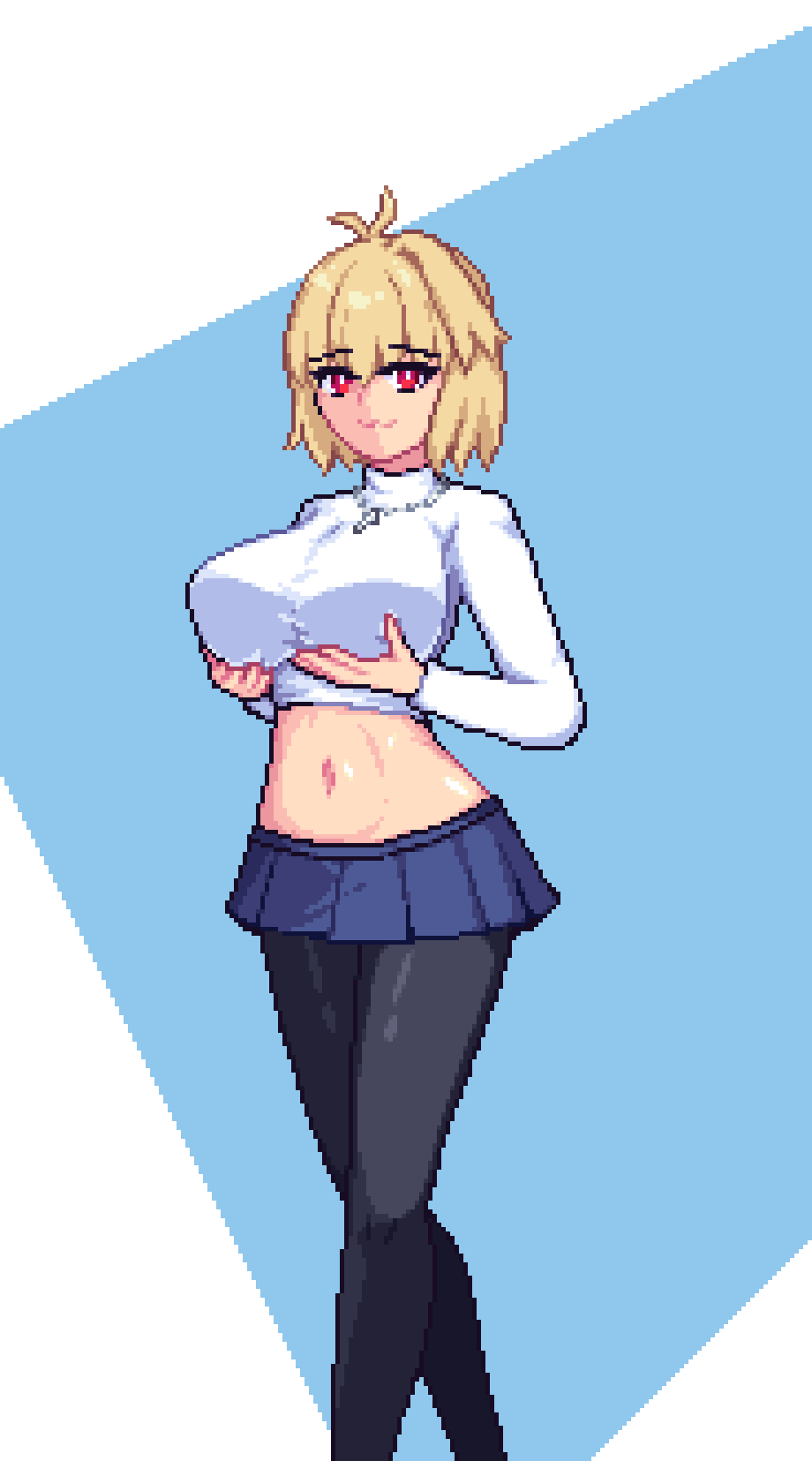 ahoge alternate_breast_size alternate_version_available arcueid_brunestud ass belly big_breasts black_pantyhose blonde_hair blush breasts breasts_bigger_than_head clothed color female full_body grabbing grabbing_own_breast groping groping_breast groping_self holding holding_breast huge_breasts jewelry large_breasts legs melty_blood midriff navel necklace nipples pantyhose pixel_art raptorbr raptorbr_(artist) red_eyes revealing skirt squeezing stomach sweater thick_thighs top_heavy tsukihime tummy type-moon vampire vampire_girl wide_hips