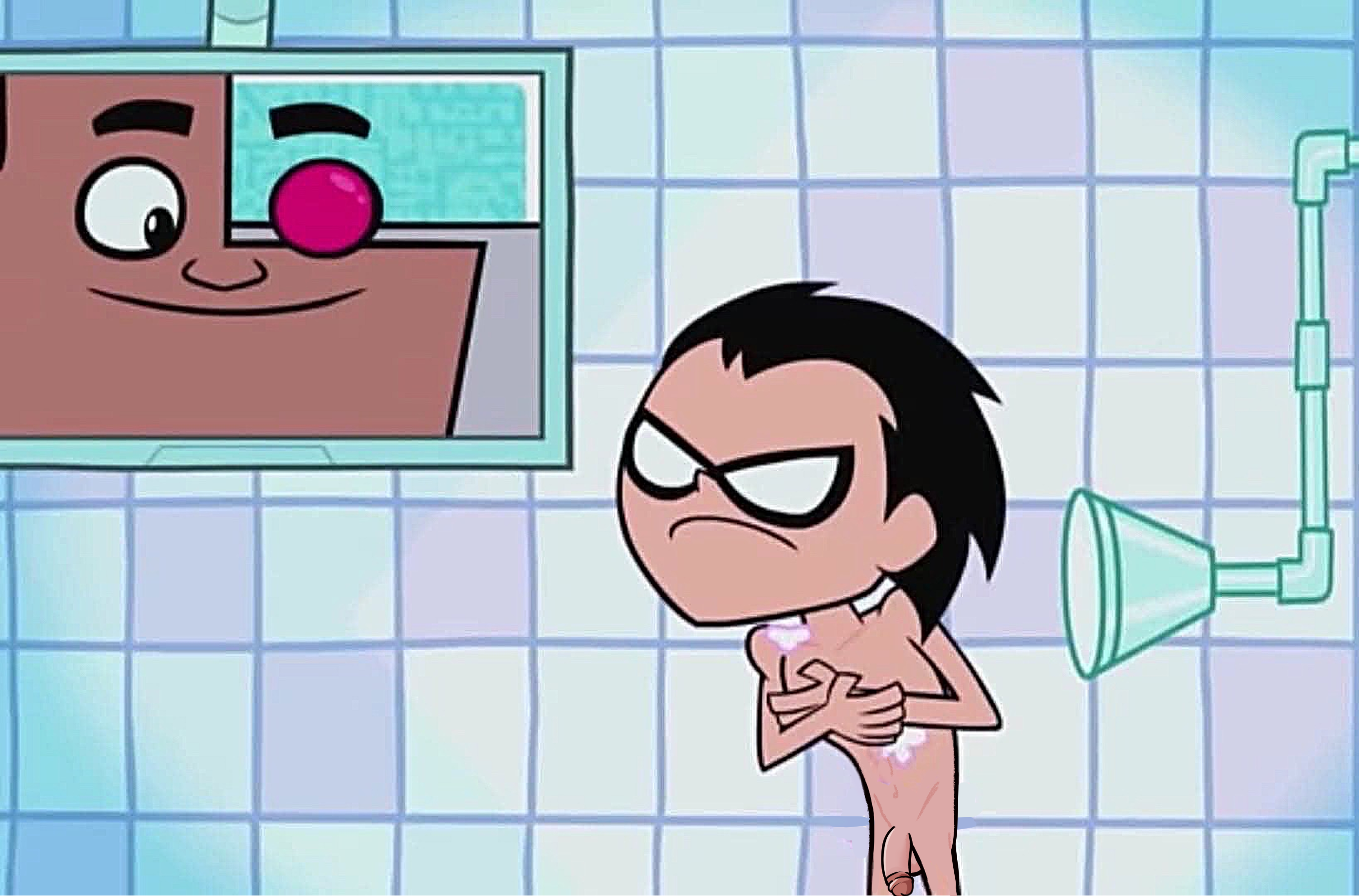 bath bathroom canonical_scene cartoon cock cyborg cyborg_(dc) dc dc_comics dick dick_grayson edit edited exposed male male_only penis robin_(dc) robin_(dick_grayson) robin_(teen_titans_go!) screenshot screenshot_edit sour_grapes teen_titans teen_titans_go