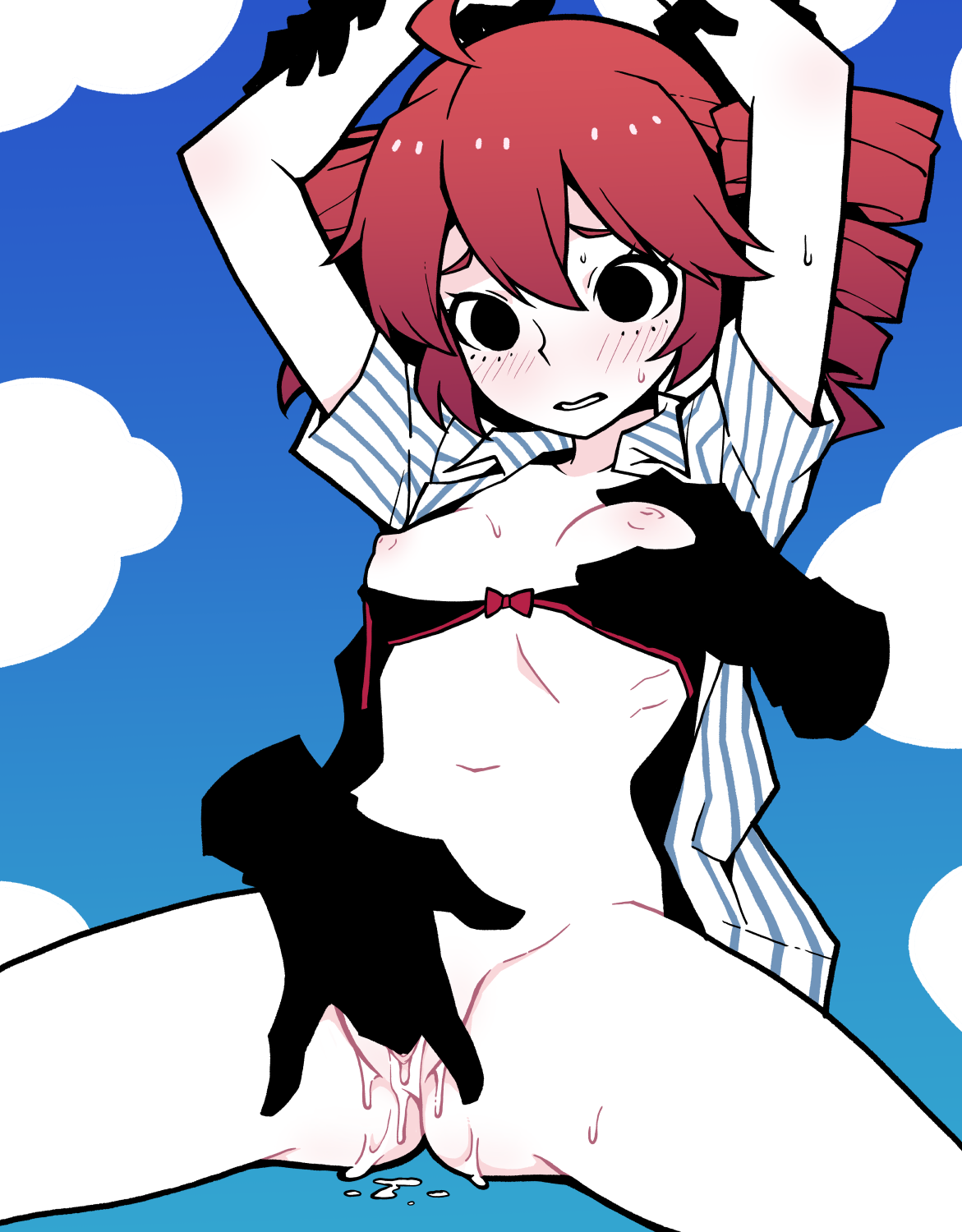 1girls 2d 2d_(artwork) ahoge akableak alternate_eye_color areolae arms_up ass black_bra black_eyes blue_background blue_shirt blue_sky blush bodily_fluids bottomless bow bow_bra bra bra_pull breasts censored_pussy clothes_pull cloud collarbone cum cum_in_pussy cum_inside disembodied_hand drill_hair embarrassed feet_out_of_frame female female_only fingering fingering_partner fingering_pussy grabbing_another's_breast groin groping groping_breasts hair_between_eyes hands_out_of_frame highres hip_bones holding_another's_wrist hypnosis kasane_teto kasane_teto_(sv) mesmerizer_(vocaloid) mesmerizer_teto midriff narrow_waist navel nervous nervous_sweating nipples open_clothes open_shirt parted_lips pinstripe_pattern pinstripe_shirt pussy pussy_juice raised_eyebrows red_bow red_hair red_trim restrained_arms ribs shirt short_sleeves simple_background sky slim_waist small_breasts solo solo_female solo_focus spread_legs striped_clothes striped_shirt sweat synthesizer_v thighs twin_drills two-tone_shirt unbuttoned_shirt uncensored underwear utau vagina vaginal_insertion vaginal_penetration vertical-striped_clothes vertical-striped_shirt white_shirt wide_spread_legs worried worried_expression