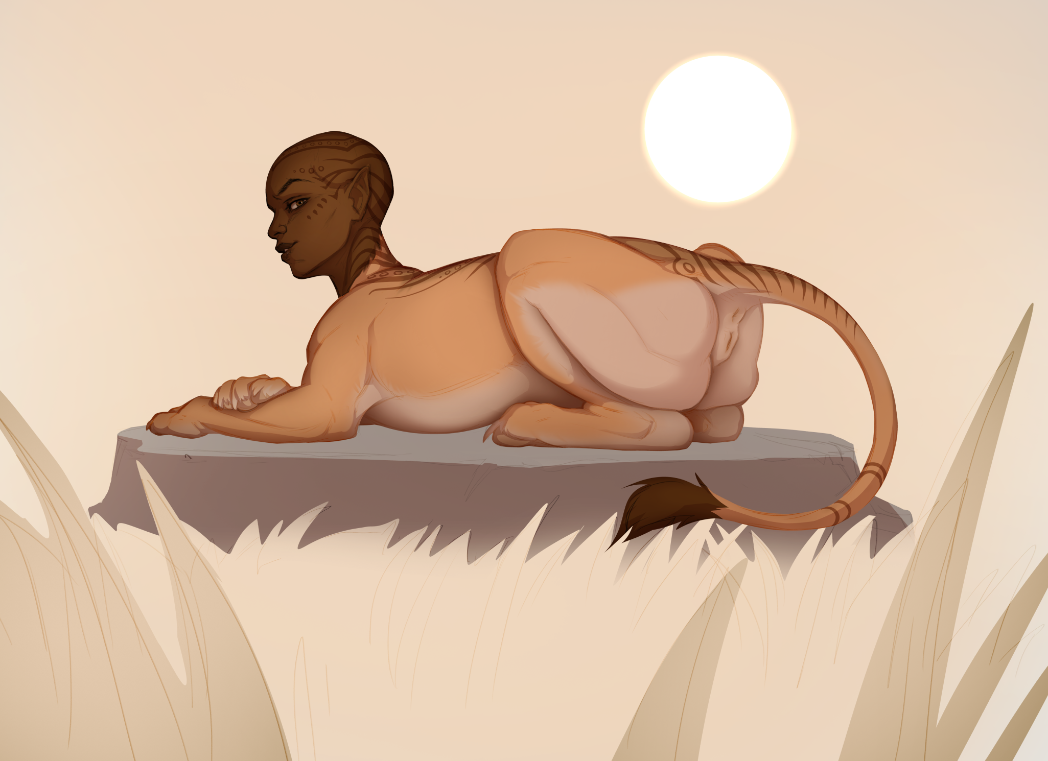 poisewritik, mythology, hi res, simple background, anatomically correct, bald female, facial markings, facial tattoo, felid, feline, felis, female, feral, hairless, head markings, head tattoo, khiladarah, lion, lomibu, mammal, markings, mythological sphinx, pantherine, solo, tail tattoo, tattoo, 