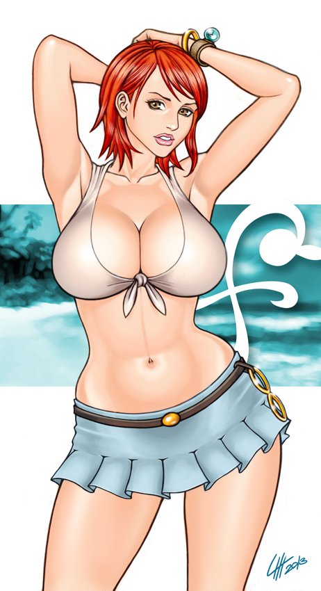 loubotix, nami, one piece, abs, armpits, arms up, bikini top, bracelet, breasts, brown eyes, busty, cleavage, female, female only, human, log pose, navel, orange hair, short hair, skirt, solo, standing, voluptuous, 