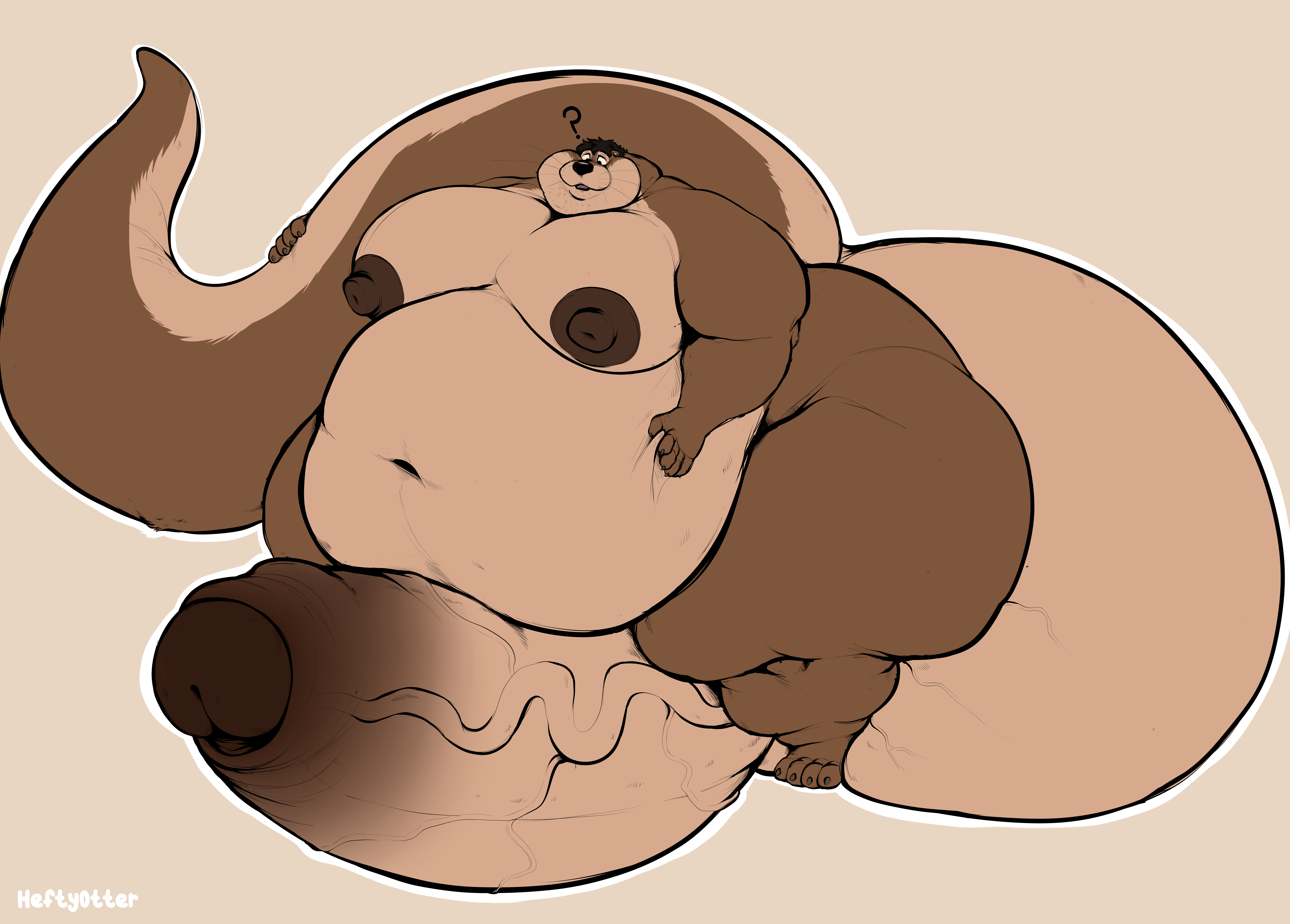 heftyotter, absurd res, digital media (artwork), hi res, anthro, ass, balls, big balls, big butt, big moobs, big penis, fur, genitals, huge balls, huge cock, hyper, hyper balls, hyper genitalia, hyper penis, male, mammal, moobs, mustelid, obese, otter, overweight, overweight anthro, overweight male, penis, solo, solo focus, tail, thick tail, thick thighs, wide hips, 
