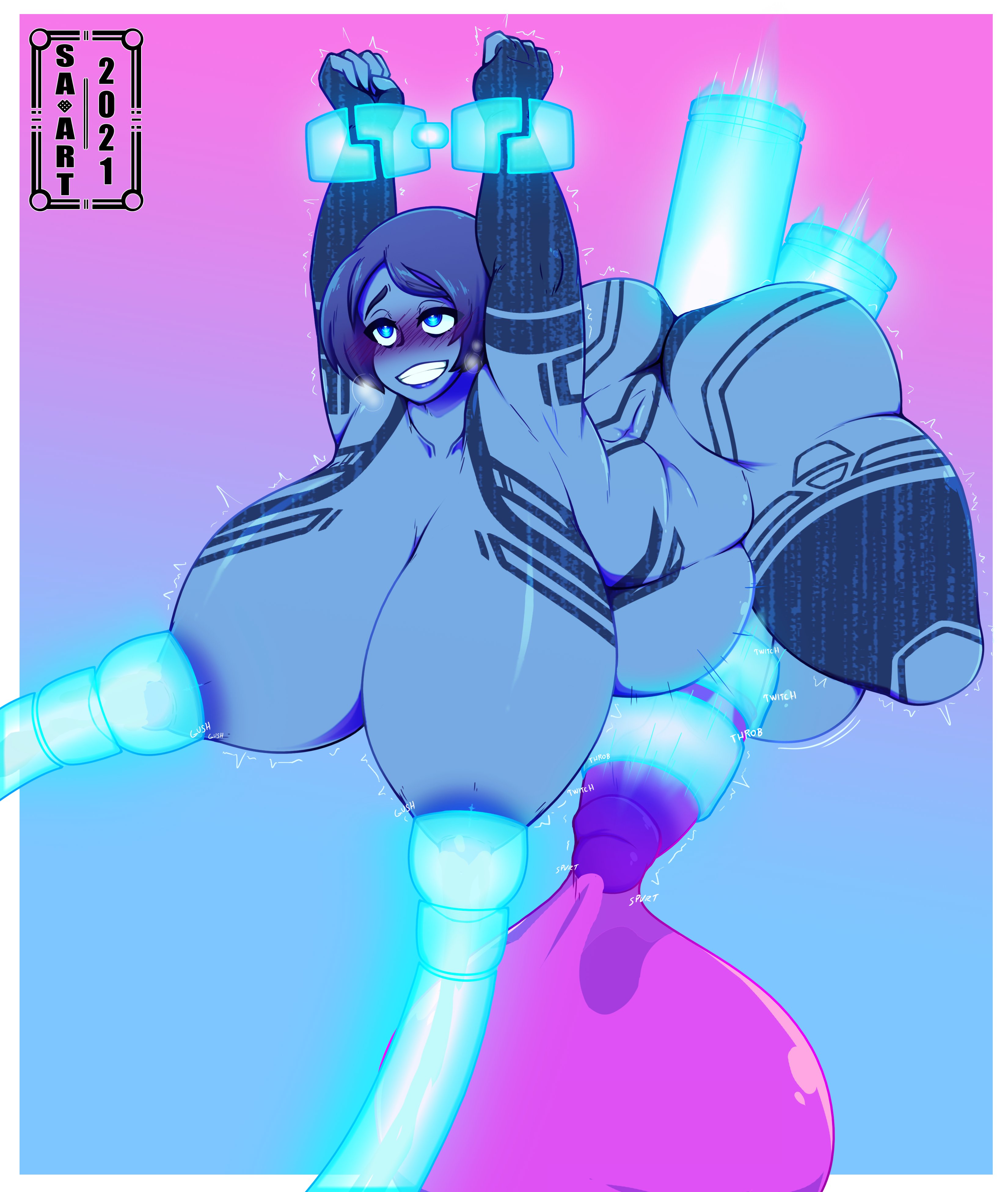 strangeazian, cortana, halo (series), 1futa, anal, anal insertion, areolae, balls, blue skin, blush, breasts, clenched teeth, condom, condom filling, condom on penis, cum, cum in condom, double penetration, ejaculation, erection, full-package futanari, futa only, futanari, glowing, huge ass, huge balls, huge breasts, huge cock, humanoid, humanoid penis, lactation, milking, nude, orgasm, penis, penis milking, restrained, short hair, solo, stomach bulge, suspension, thick thighs, vaginal insertion, wide hips, 