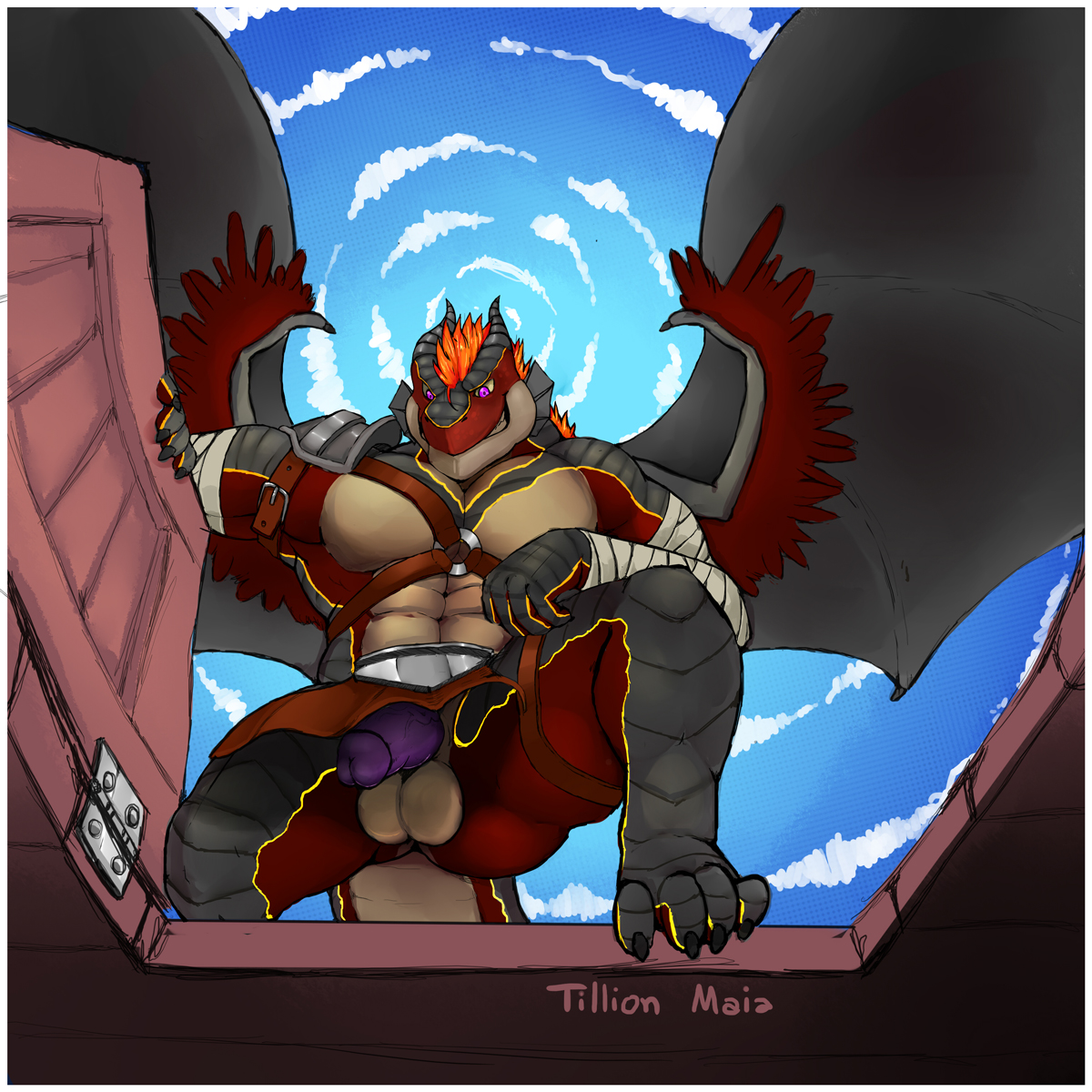 sulfer, tilionmaia, anthro, balls, dragon, flaccid, hair, horn, humanoid penis, looking at viewer, low-angle view, macro, male, male only, muscular, muscular male, penis, smile, solo, standing, wings, 
