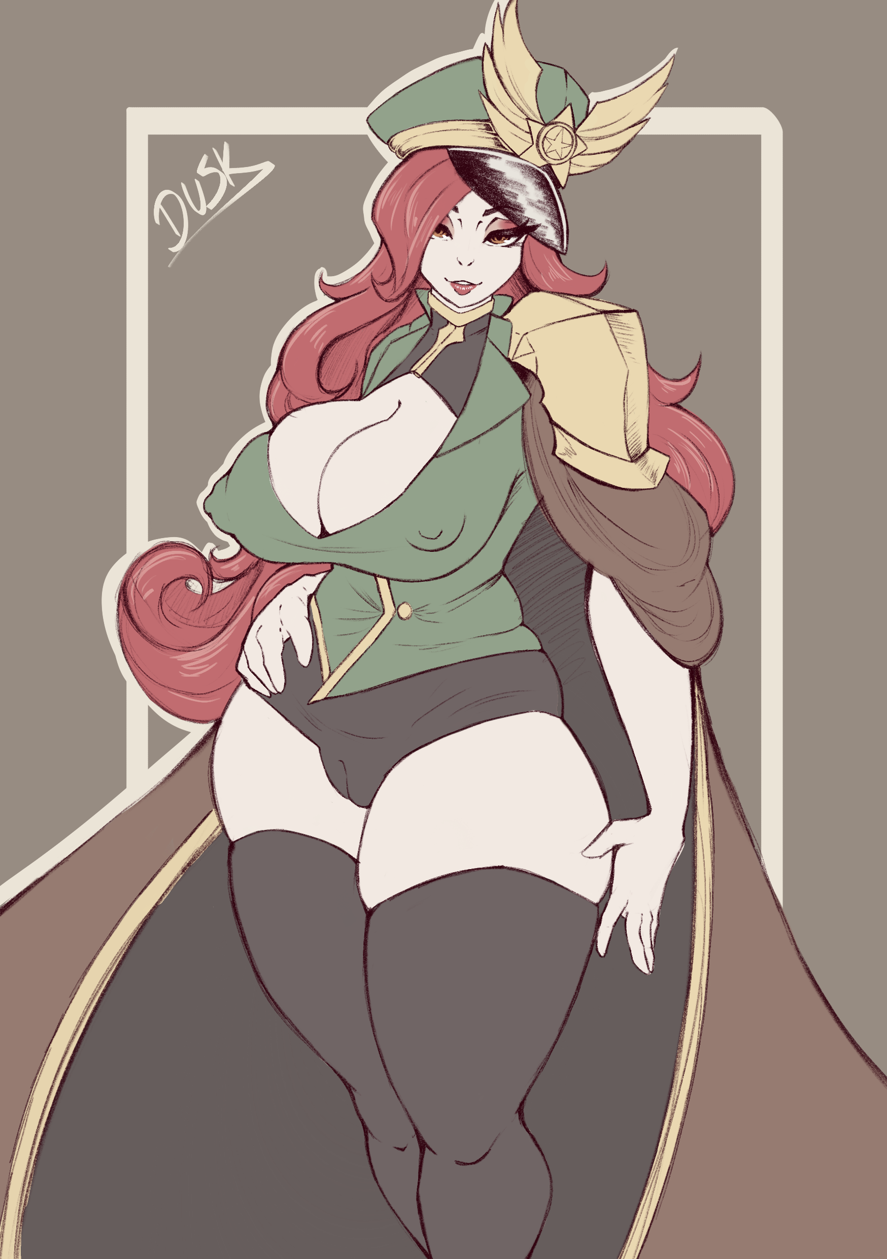 1girls bangs bimbo breasts bulging_breasts bulging_nipples cameltoe cape cleavage clothed curly_hair eyelashes eyeshadow female female_only highres lipstick long_hair looking_at_viewer makeup milf military_uniform minishorts miya_(mobile_legends) mobile_legends nipples nipples_visible_through_clothing orange_eyes plump plump_labia posing pussy pussy_visible_through_clothes rdusk red_hair shorts simple_background sketch standing thighhighs thighs uniform white_skin