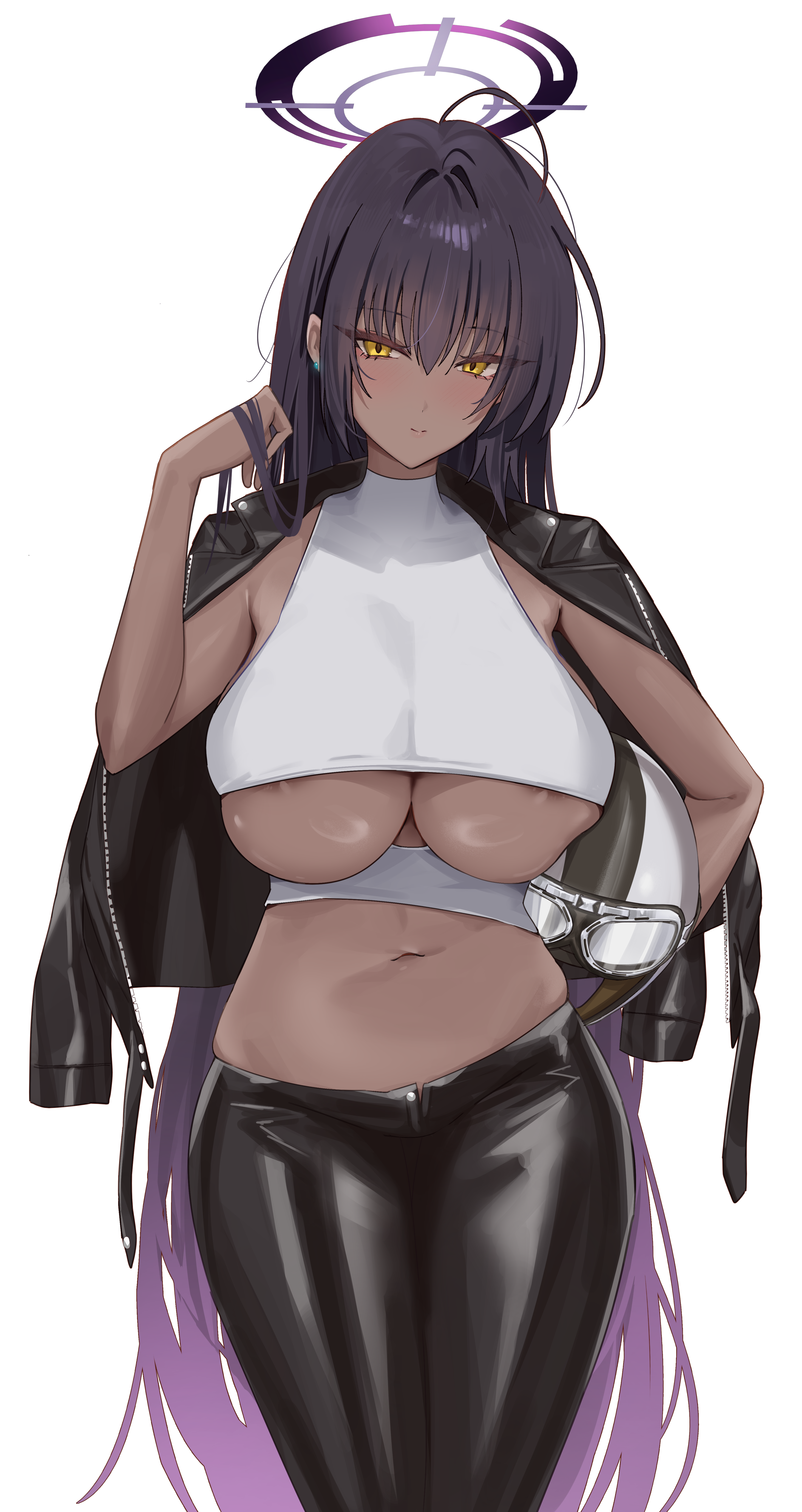 absurdres alternate_costume areola_slip black_hair black_jacket black_pants blue_archive breasts closed_mouth dark-skinned_female dark_skin earrings female halo hand_in_own_hair helmet highres holding holding_unworn_helmet jacket jacket_on_shoulders jewelry kakumayu karin_(blue_archive) long_hair navel pants purple_hair purple_halo smile solo stomach stud_earrings underboob unworn_headwear unworn_helmet very_long_hair yellow_eyes