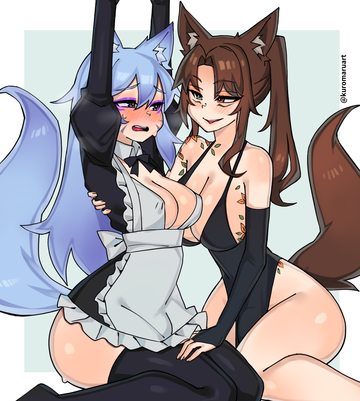2futas bangs blue_hair breasts brown_hair fox_ears fox_tail futanari grey_eyes heterochromia hips intersex kitsune kuromaru_(original_character) kuromaruart lady_qathrin long_hair maid maid_uniform tagme thighhighs