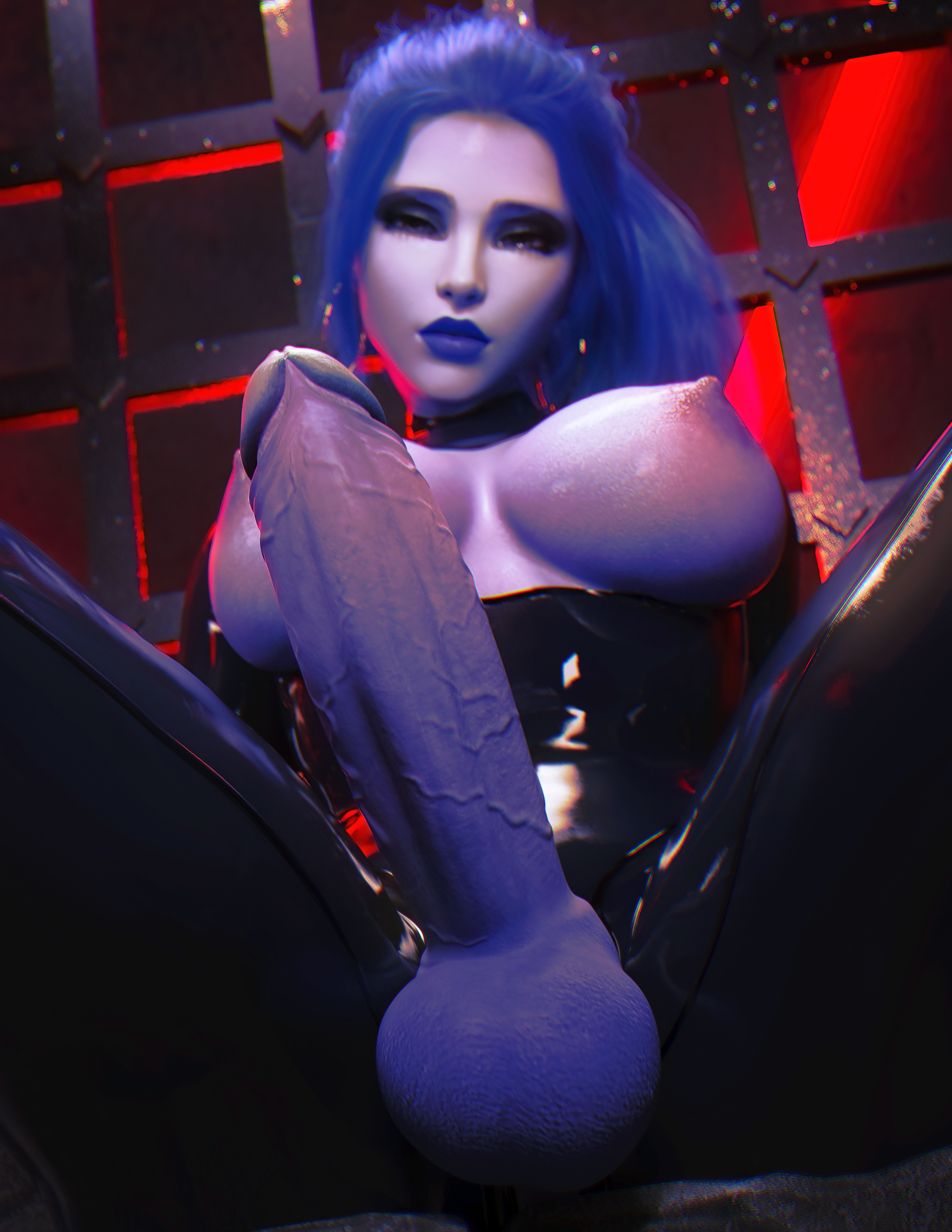 widowmaker, blizzard entertainment, overwatch, highres, tagme, 1futa, areolae, balls, big breasts, big penis, dominatrix, futanari, latex, looking at viewer, makeup, milapone, nipples, penis, solo, solo futa, testicles, veiny penis, 
