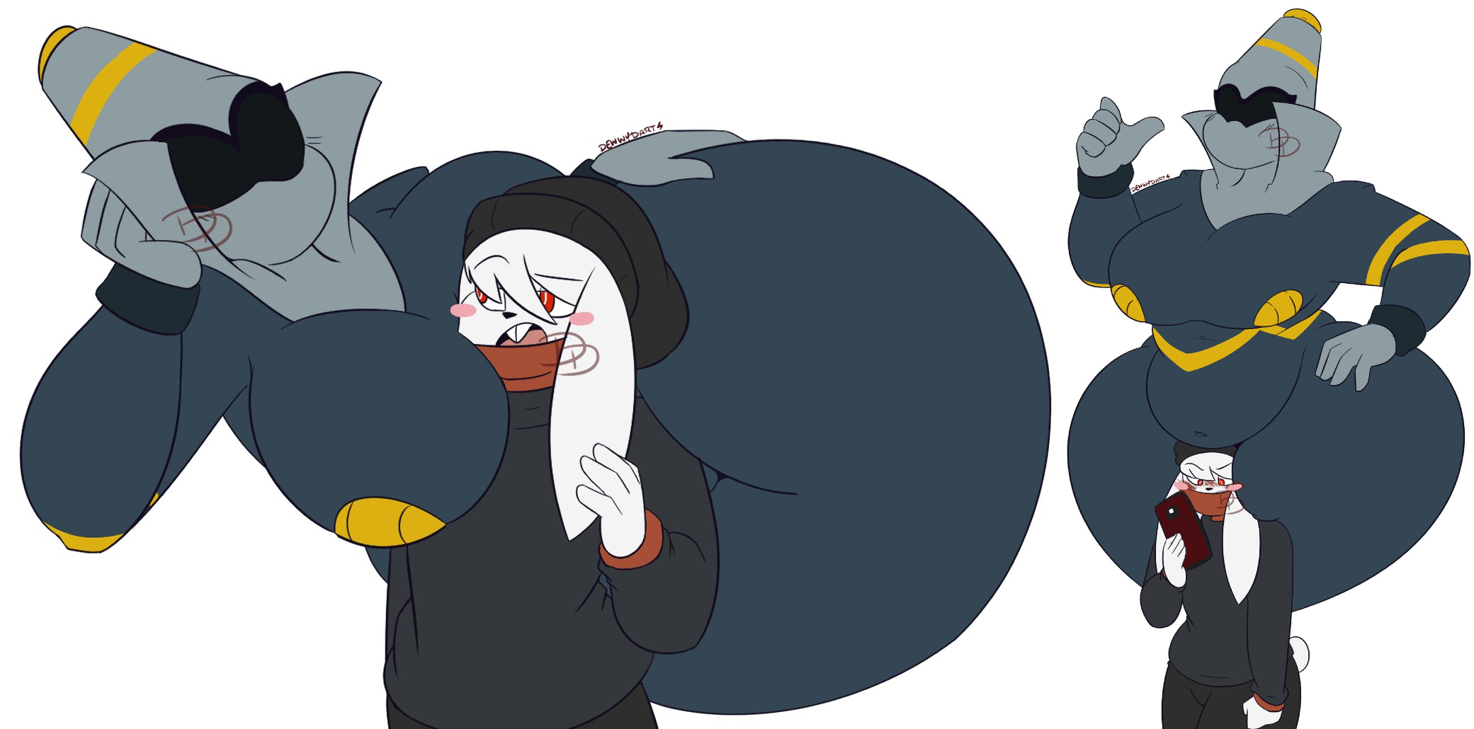 2022 5_fingers anthro beanie belly big_belly big_breasts black_beanie black_clothing black_hat black_headwear blush blush_stickers breasts buckteeth cellphone clothing covered_mouth dd_(dewwydarts) dd_(dewwydartz) desire_(dewwydarts) desire_(dewwydartz) dewwydarts dewwydartz duo dusknoir electronics eyeless featureless_breasts female fingers floating fur generation_4_pokemon generation_8_pokemon grey_body grey_clothing grey_sweater grey_topwear hair hand_on_hip hat head_between_breasts head_between_thighs headgear headwear hi_res holding_cellphone holding_object holding_phone holding_smartphone huge_breasts huge_hips huge_thighs larger_female male male/female markings nintendo open_mouth overweight phone pokemon pokemon_(species) pokemon_only pokémon_(species) raboot red_eyes simple_background size_difference slightly_chubby smaller_male smartphone sweater tagme teeth thick_thighs topwear white_background white_body white_fur white_hair wide_hips yellow_markings