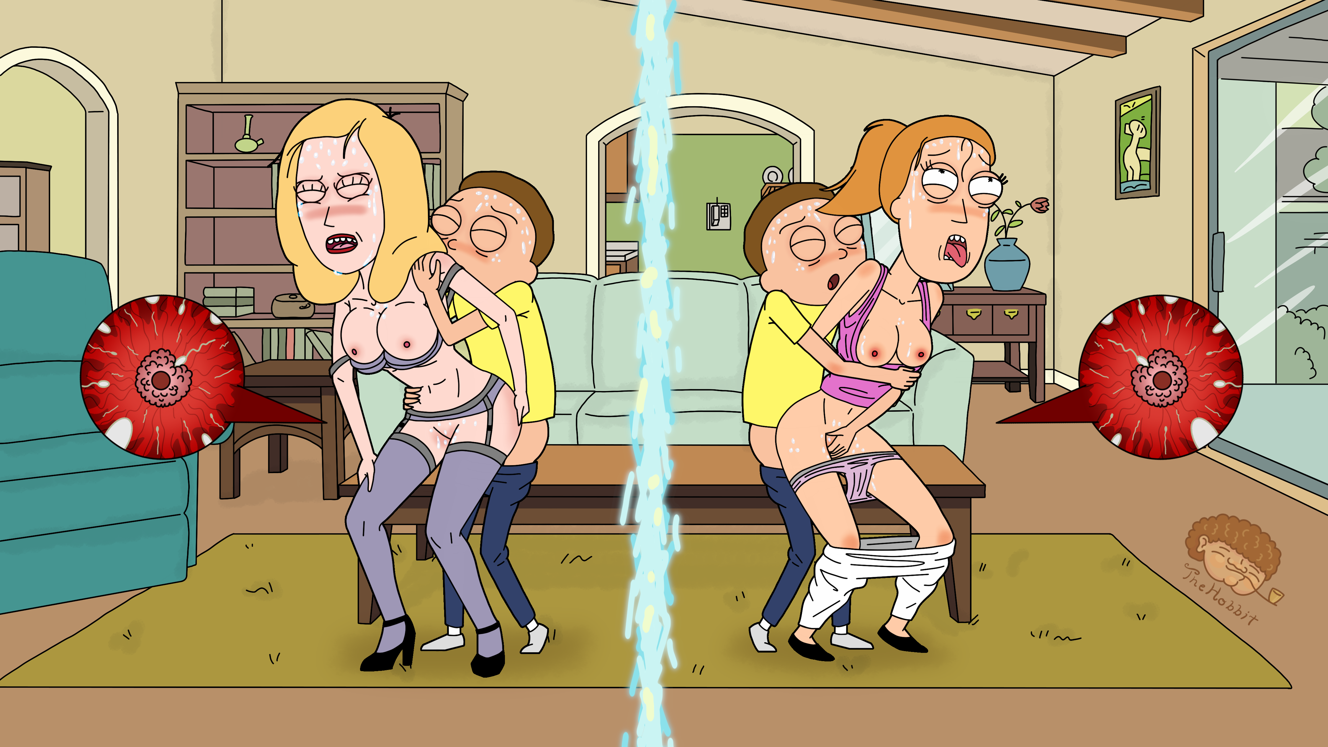 beth smith, morty smith, summer smith, rick and morty, 1boy, 2girls, arm gr...