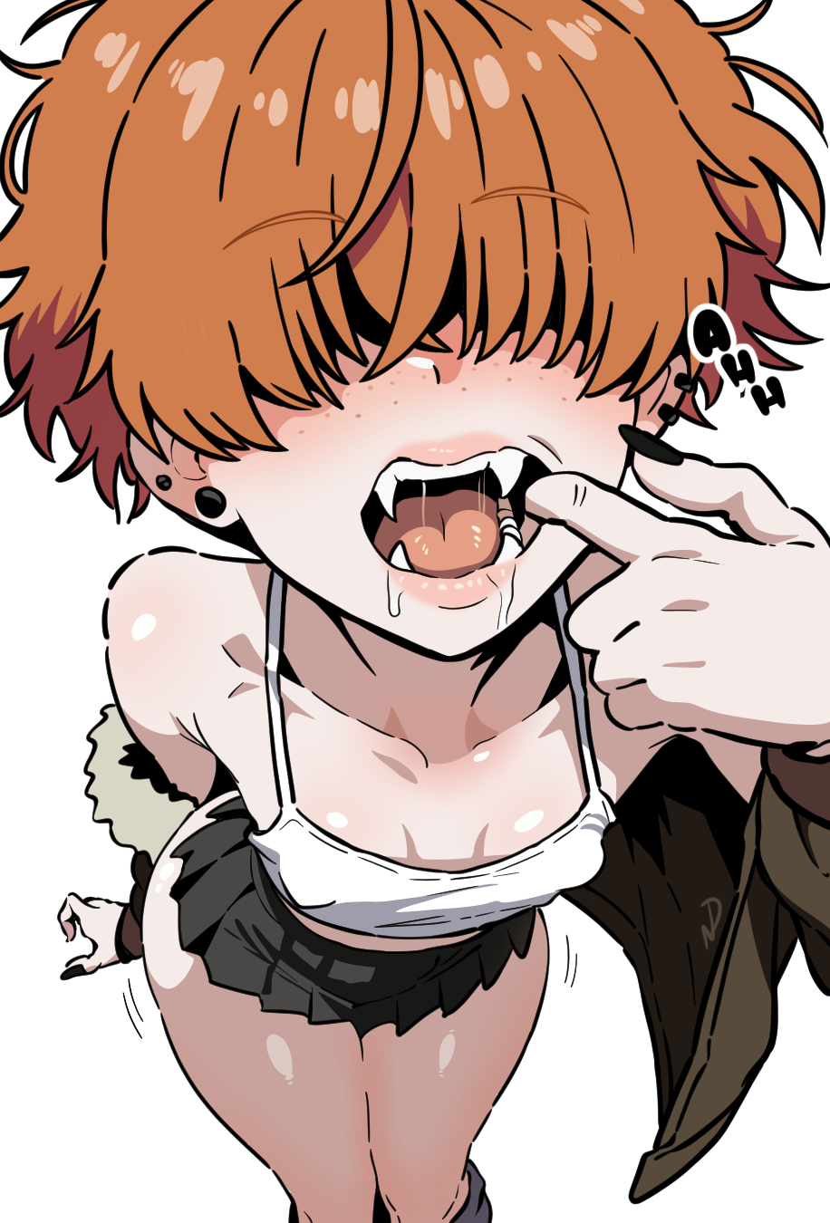 1boy ass cute fangs femboy feminine_body feminine_male freckles freckles_on_face gay ginger ginger_hair hair_over_eyes jacket long_nails male mouth_open mouth_pull nicodraws off_shoulder original original_character piercing piercings pleated_skirt short_skirt vampire vampire_boy vampire_teeth yaoi
