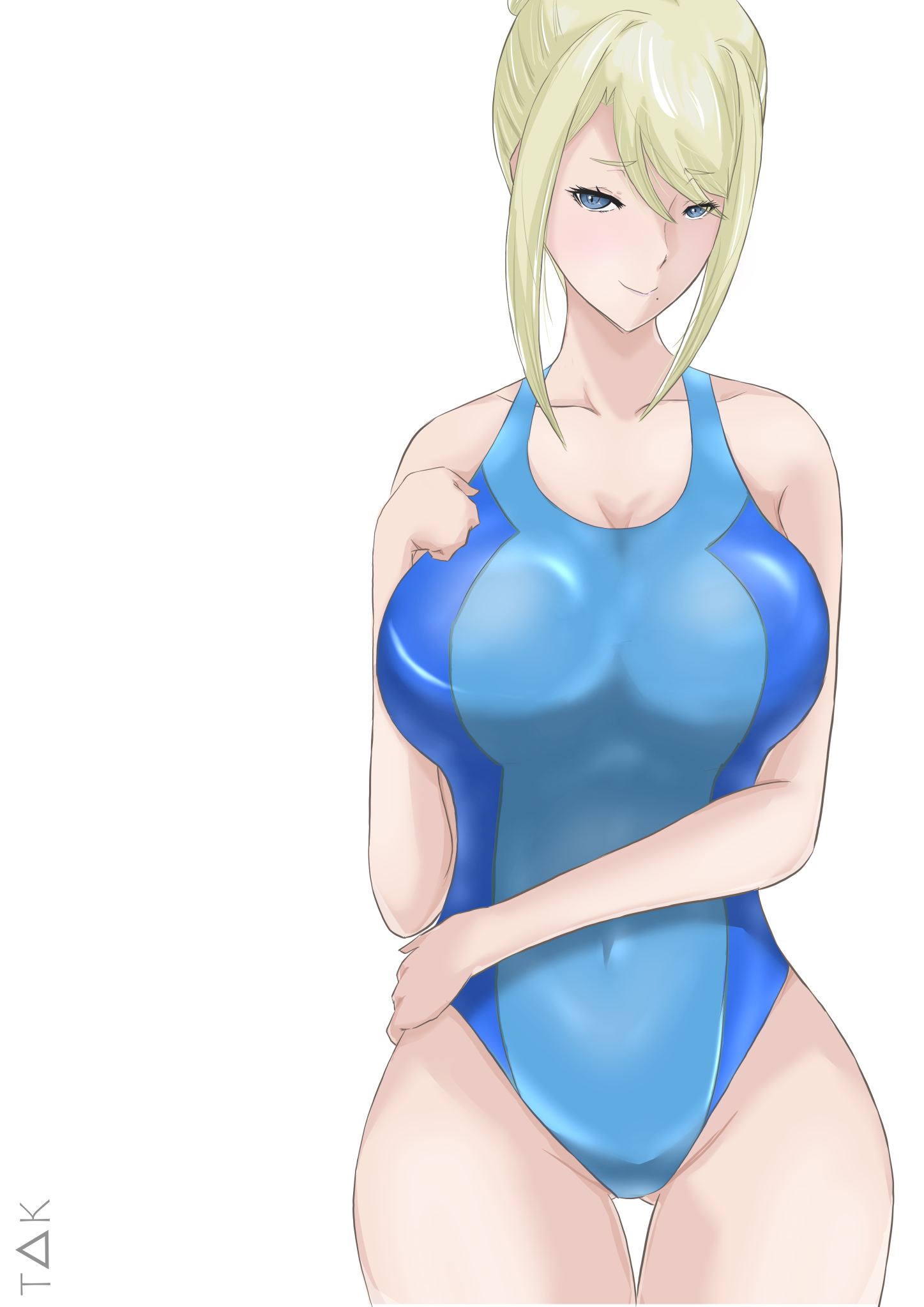 samus aran, metroid, blank background, looking at viewer, smile, swimsuit.