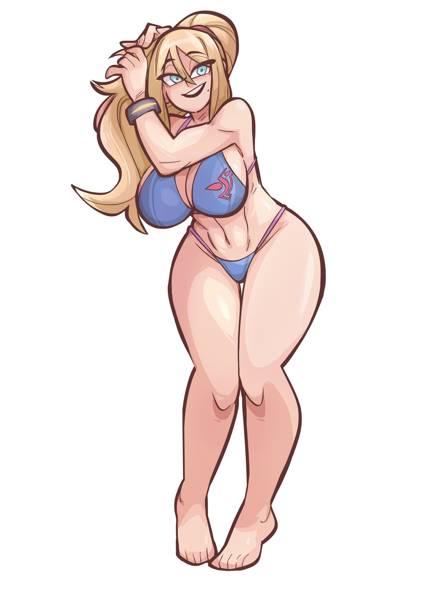 saucymojo, samus aran, metroid, nintendo, tagme, white background, 1girls, 2021, big breasts, bikini, blonde hair, blue eyes, breasts, huge breasts, knees together feet apart, looking at viewer, pigeon-toed, solo, solo female, thick, thick thighs, tiptoes, 