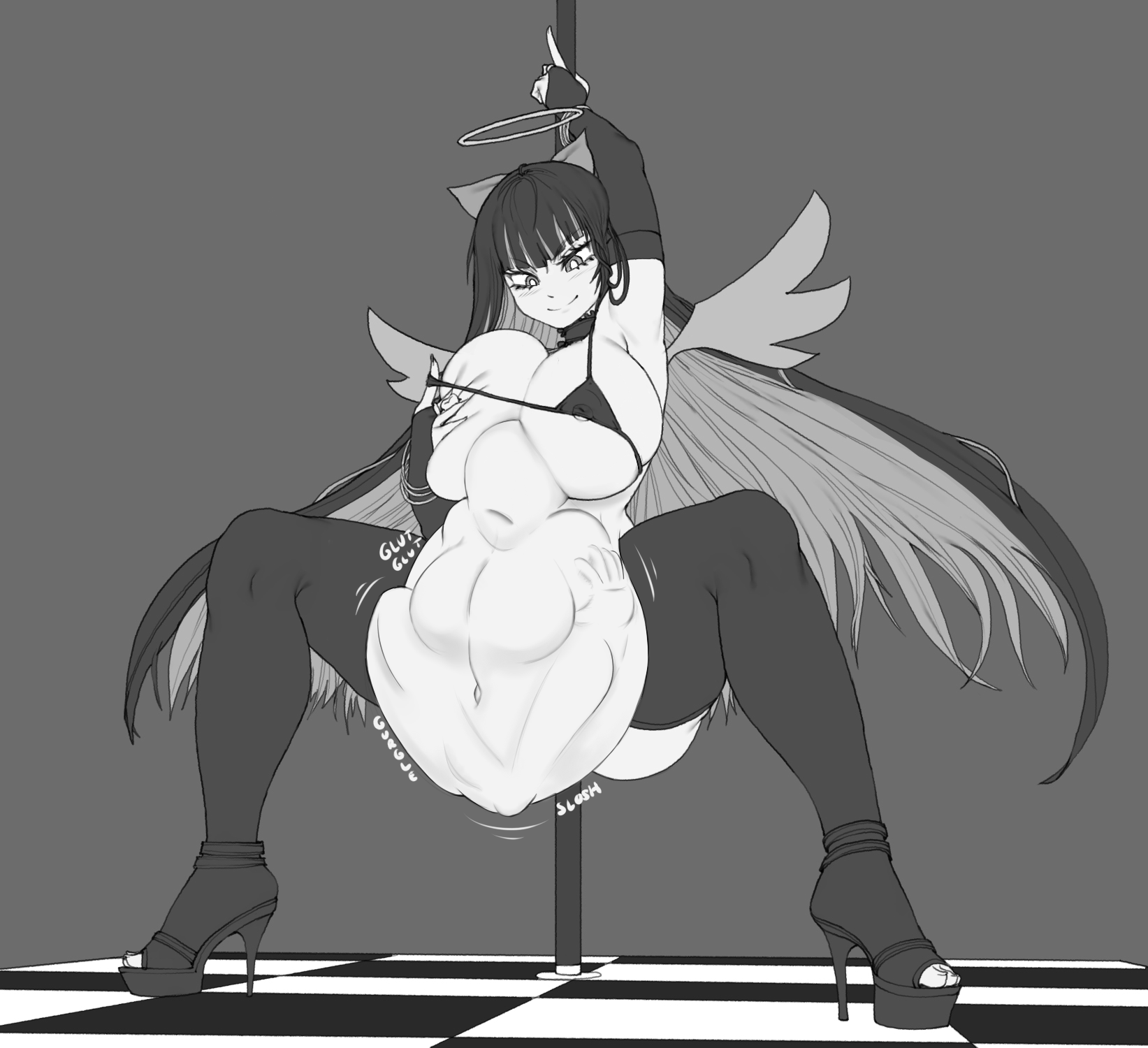 stocking (psg), stocking anarchy, edit, 2girls, angel, angel wings, big belly, body outline, boob hat, breast imprints, detailed bulge, digestion, female, female pred, female prey, halo, high heels, huge breasts, micro bikini, navel, oral vore, self fondle, smile, stomach noises, stripper pole, thighhighs, vore, 