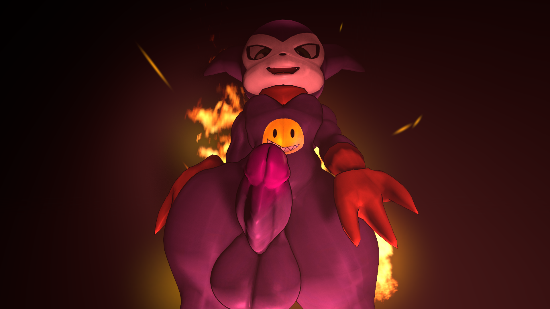 digimon (species), impmon, bandai namco, digimon, 16:9, hi res, simple background, anthro, ass, balls, clothing, erection, fire, fluffygayuniverse, fur, genitals, gloves, handwear, humanoid genitalia, humanoid penis, looking at viewer, male, mammal, nude, open mouth, penis, scarf, smile, solo, video games, wide hips, widescreen, 
