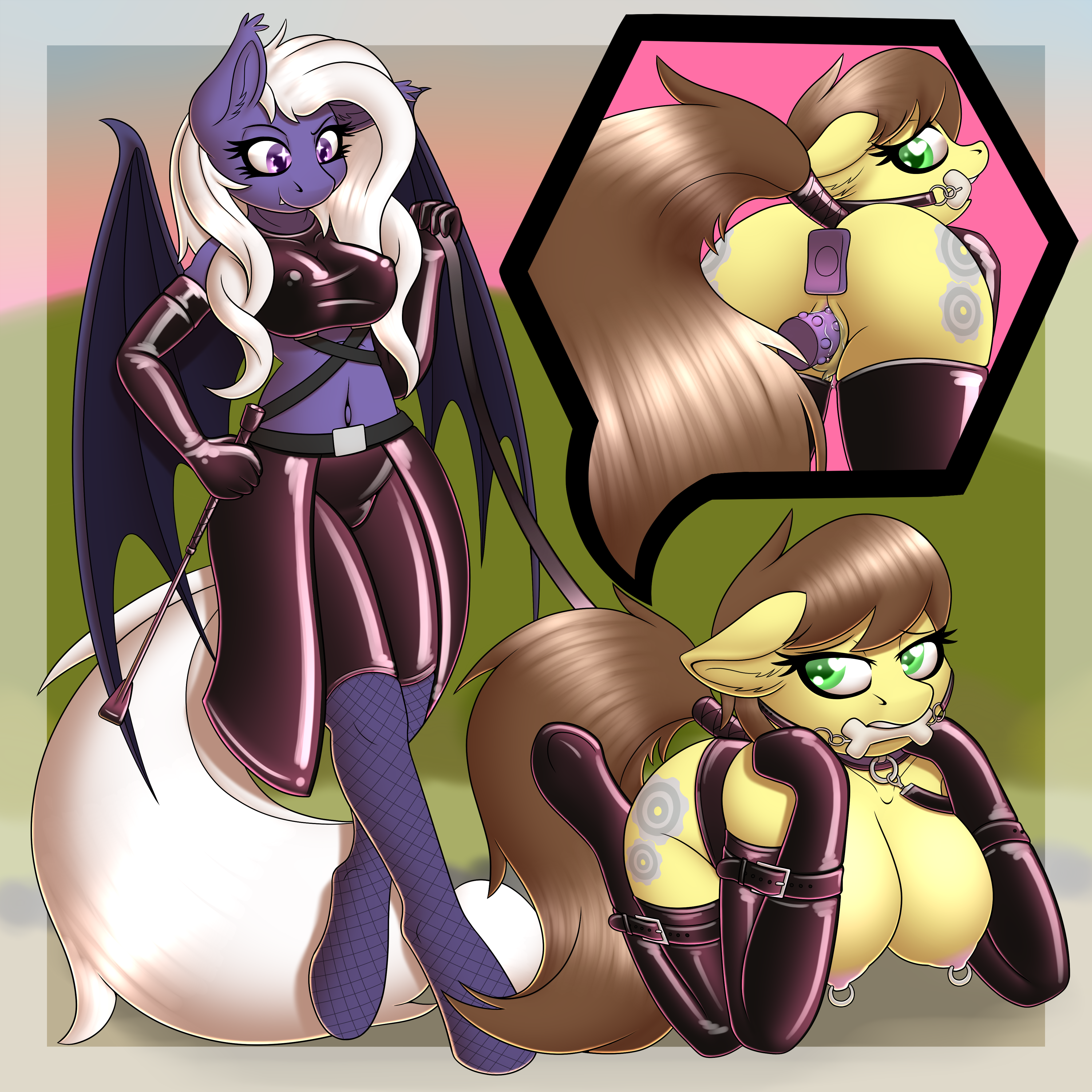 gear (oc), violet seren, my little pony, 2018, hi res, anal, anal sex, anthro, armwear, bat pony, big breasts, bit gag, bitchsuit, bondage, bone, bound, breasts, buttplug, chew toy, clothing, collar, cutie mark, dildo, domination, duo, elbow gloves, equine, exhibitionism, fan character, female, femdom, fishnet, fishnet legwear, gag, gloves, horse, leash, leather, legwear, looking back, mammal, nipple bulge, nipple piercing, nipples, outside, penetration, petplay, piercing, pokies, pony, riding crop, roleplay, rubber, scramjet747, sex toy, stockings, submissive, tail wraps, vaginal penetration, whip, wraps, 