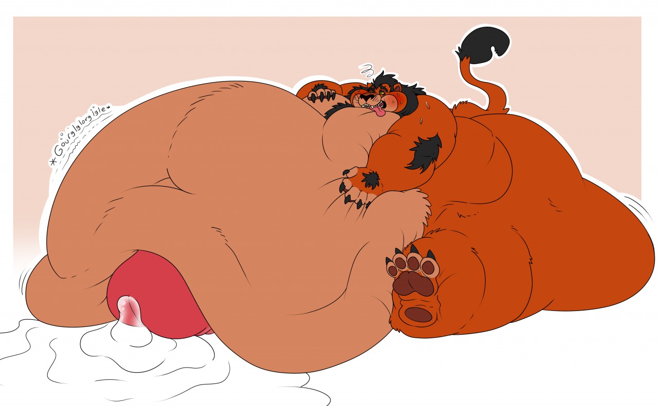 eggo21, scar (the lion king), disney, the lion king, anthro, belly, big belly, big penis, black hair, bodily fluids, erection, excessive precum, felid, fur, genital fluids, genitals, hair, hand on stomach, huge cock, hyper, hyper belly, hyper genitalia, hyper penis, leaking precum, lion, male, mammal, morbidly obese, obese, orange body, orange fur, overweight, pantherine, penis, precum, rumbling stomach, solo, sweat, weight gain, 